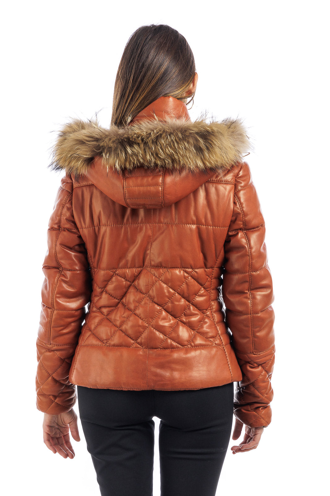 Piumino arancio in pelle con cappuccio staccabile