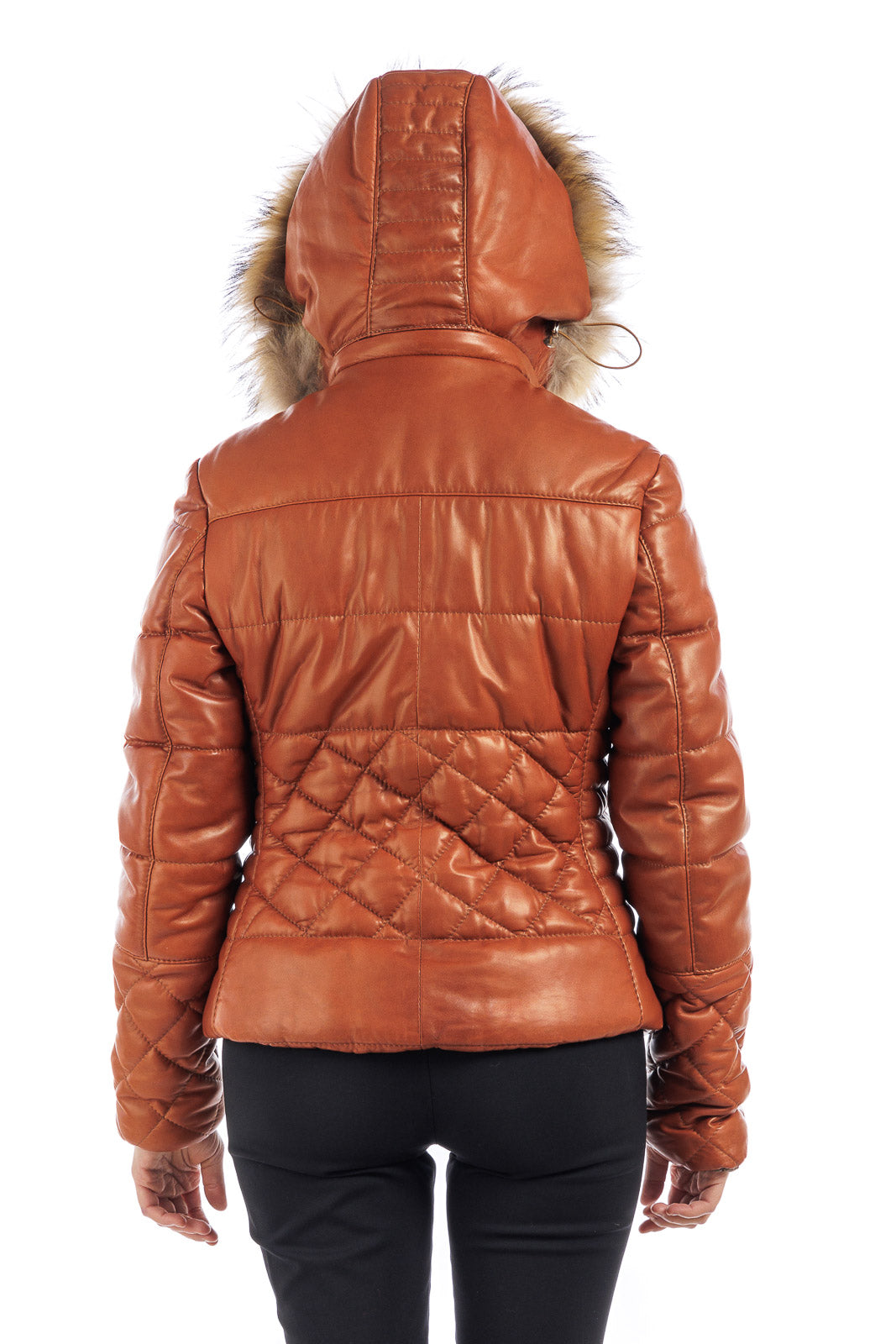 Piumino arancio in pelle con cappuccio staccabile