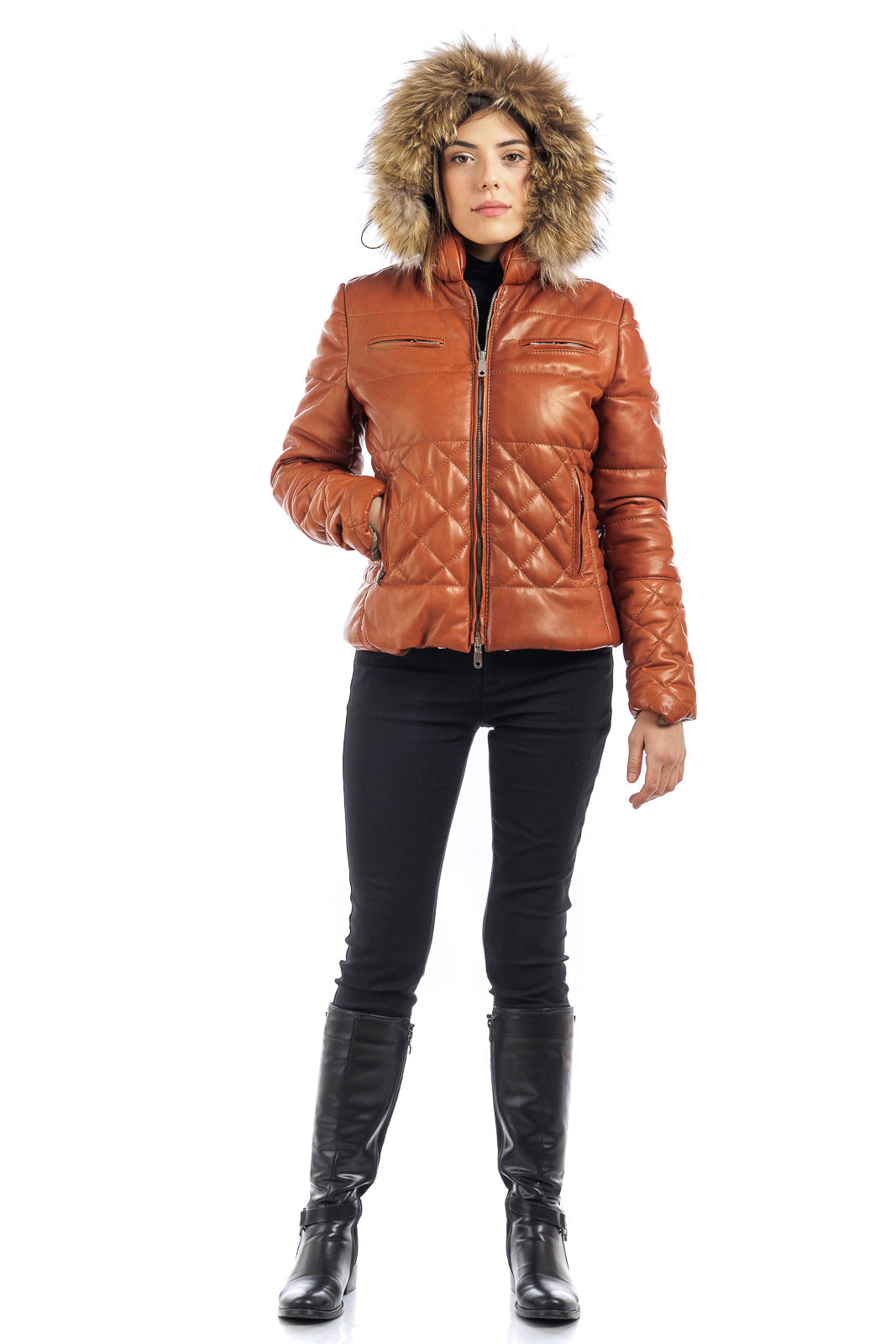 Piumino arancio in pelle con cappuccio staccabile