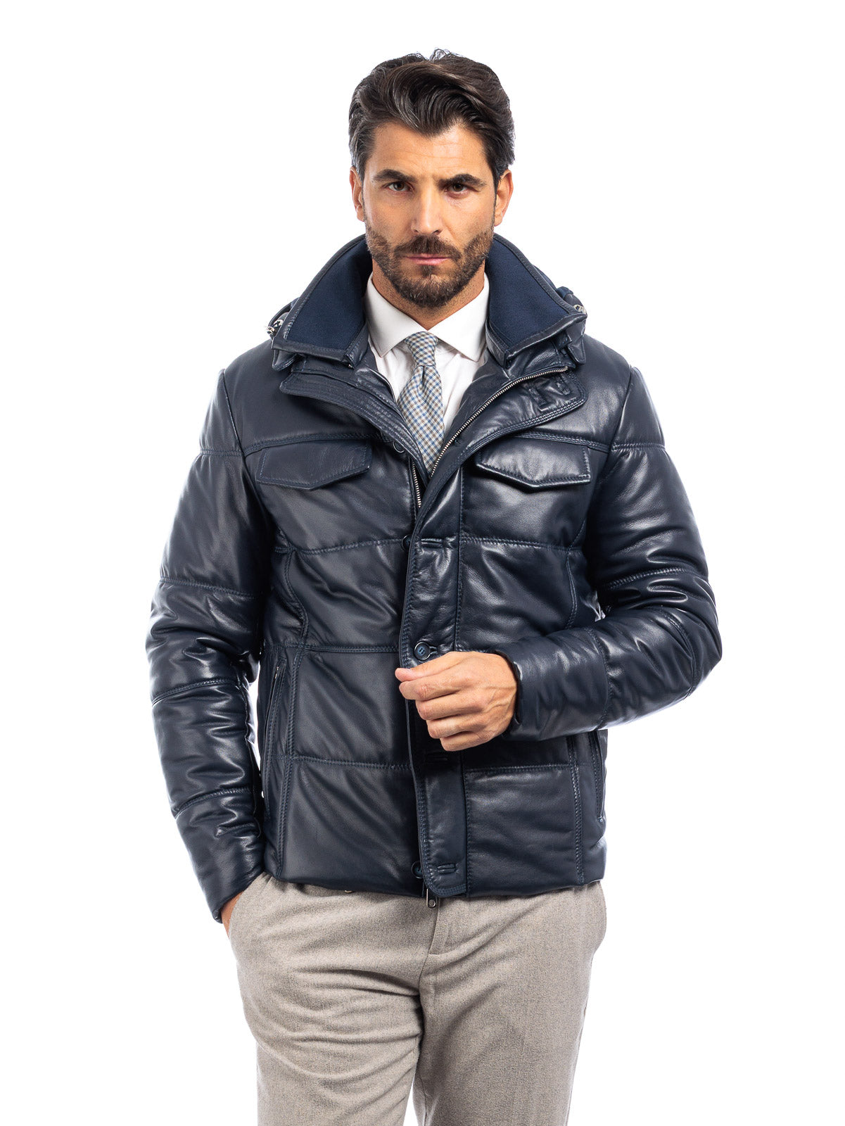 Piumino in vera pelle uomo con zip blu