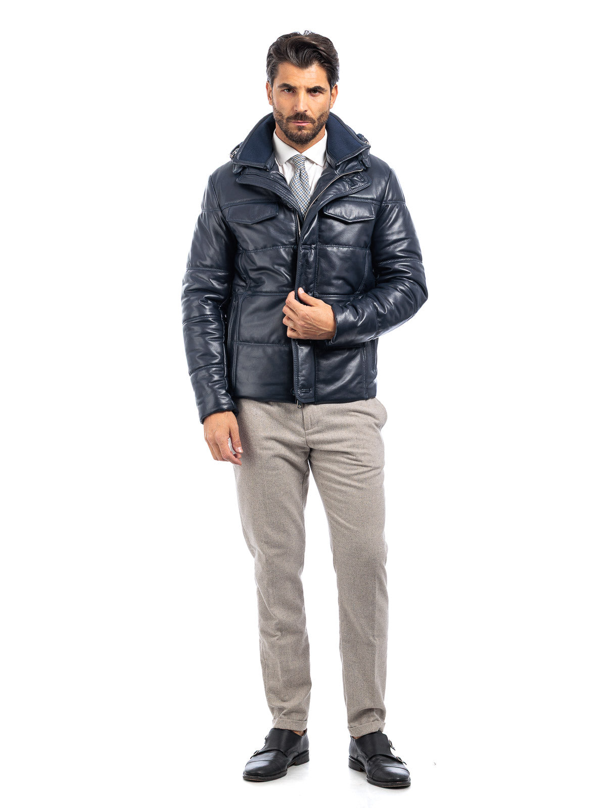 Piumino in vera pelle uomo con zip blu