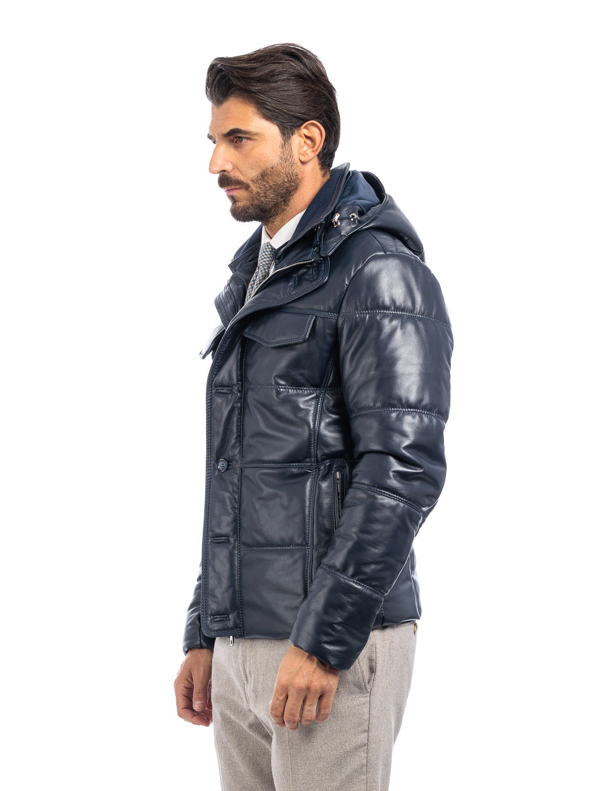 Piumino in vera pelle uomo con zip blu