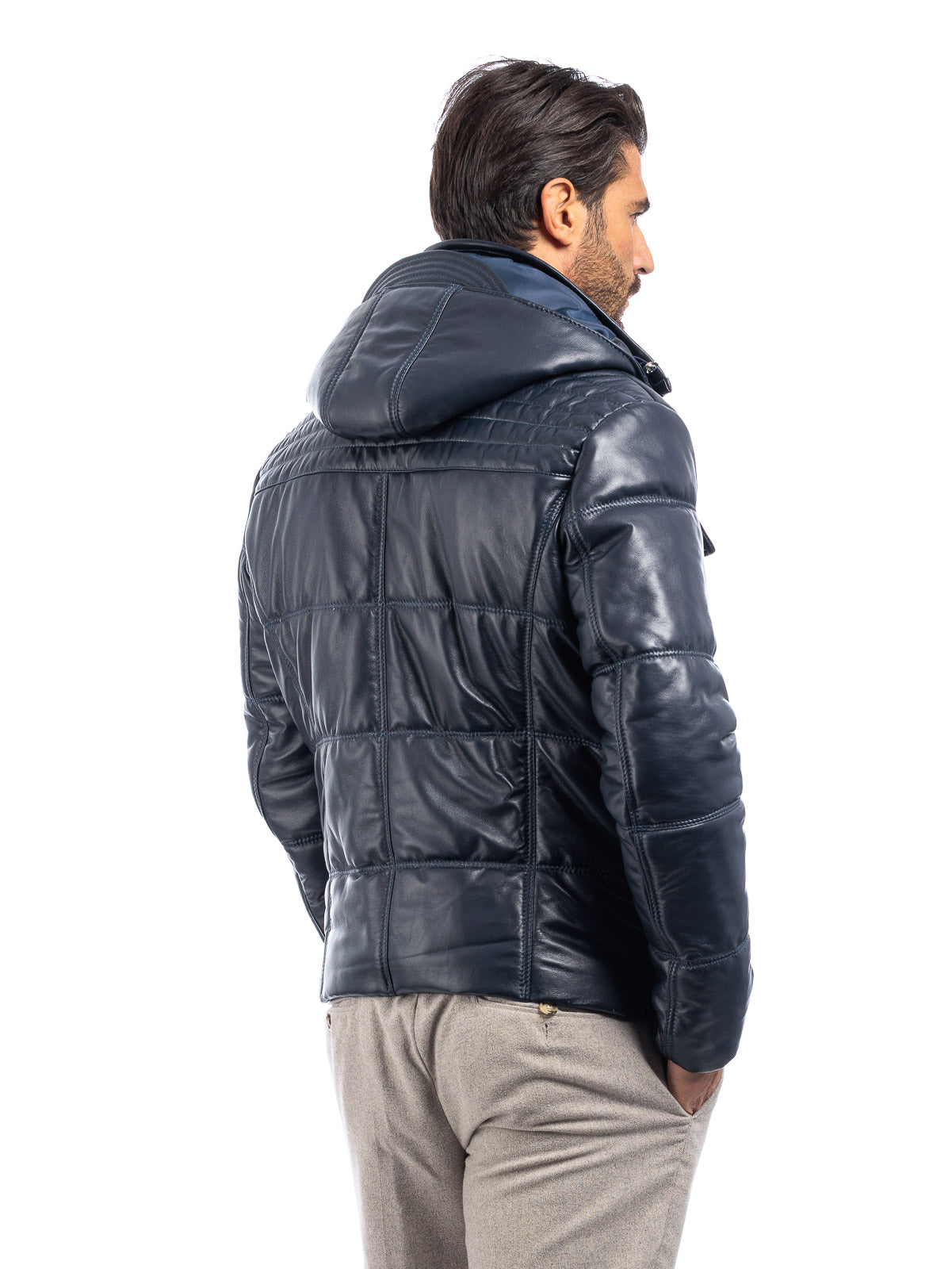 Piumino in vera pelle uomo con zip blu