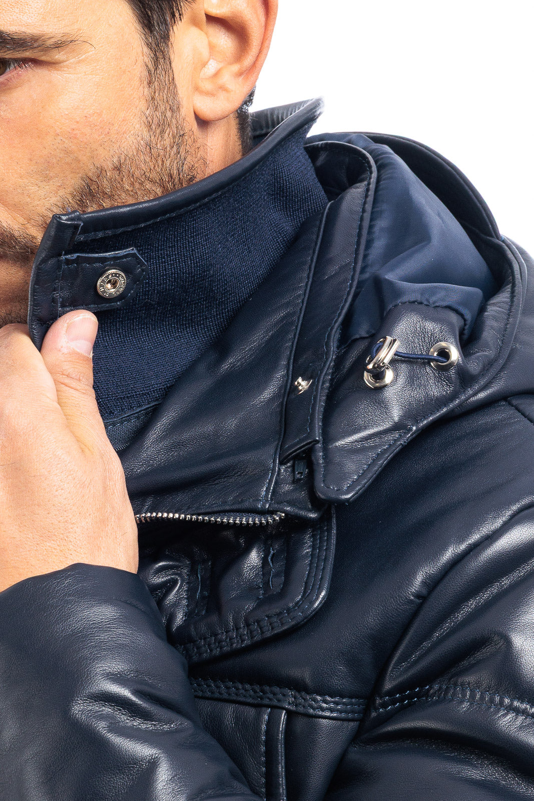 Piumino in vera pelle uomo con zip blu