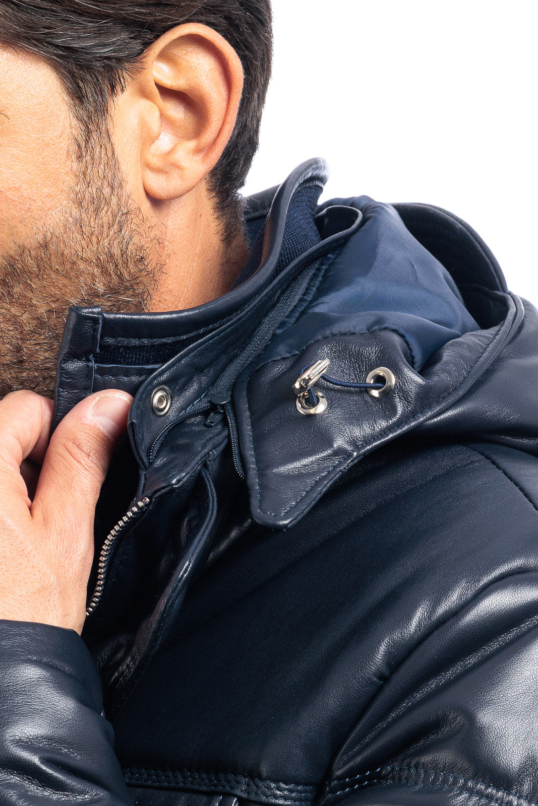Piumino in vera pelle uomo con zip blu