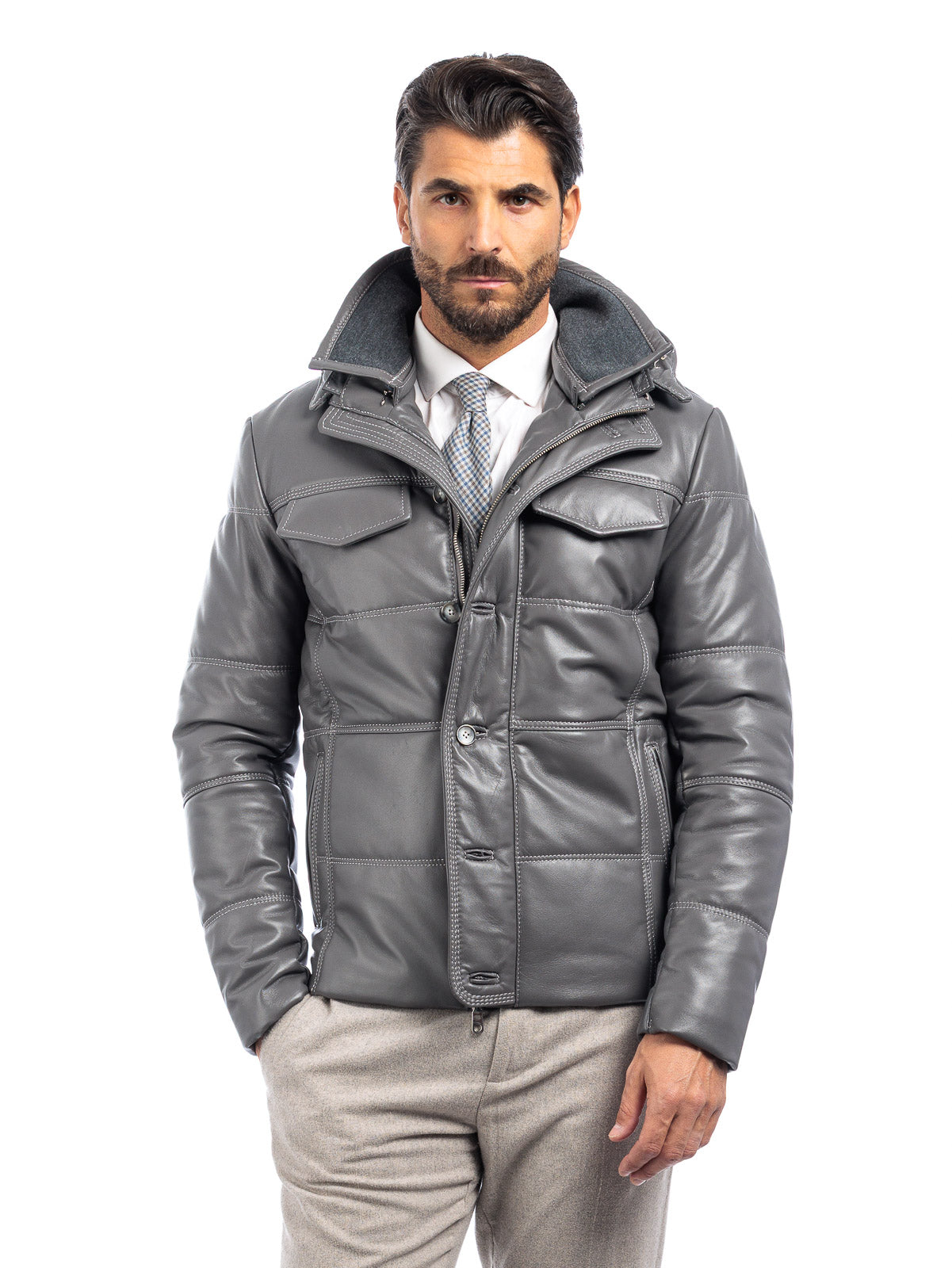 Piumino in vera pelle uomo con zip grigio
