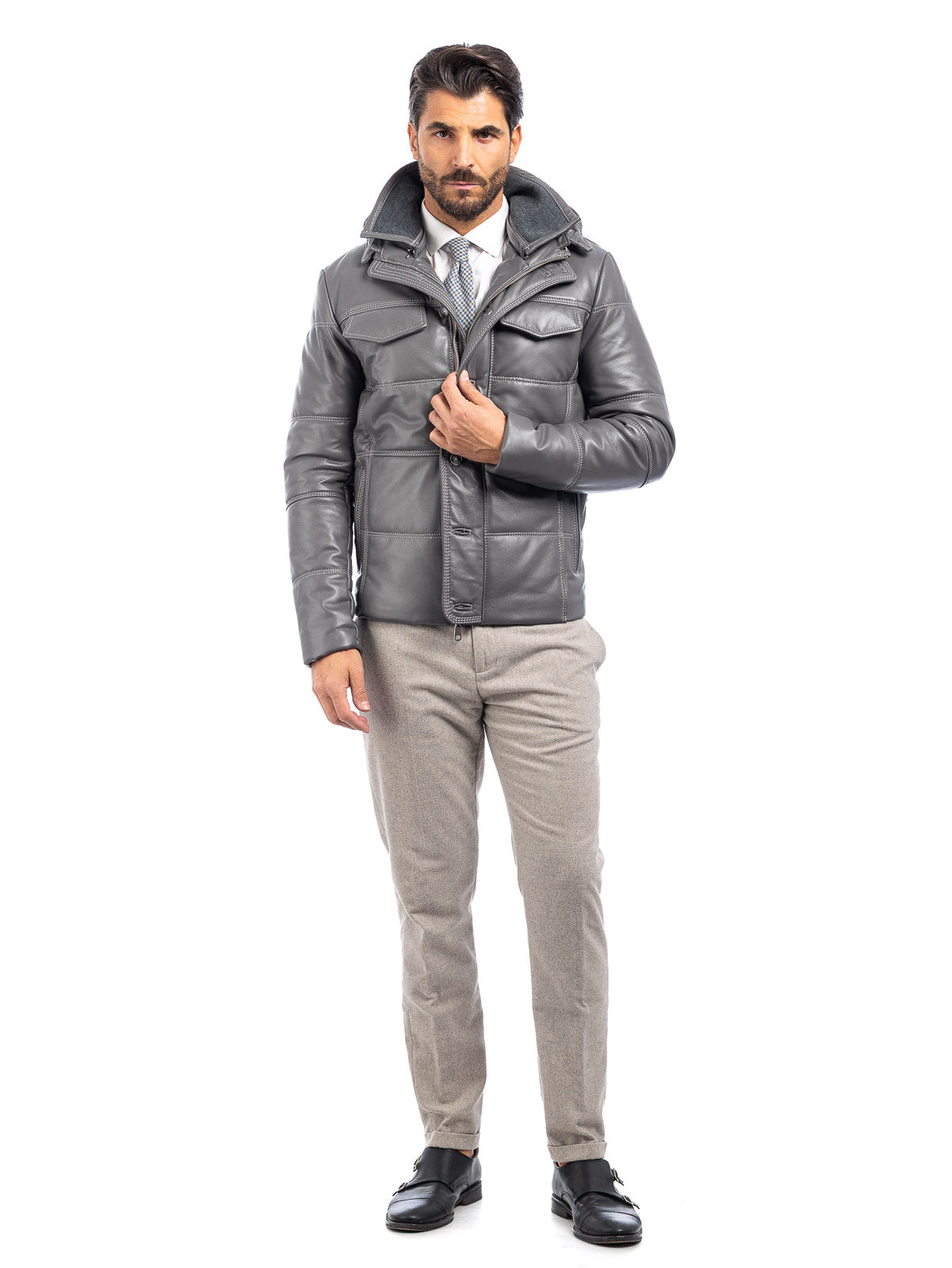 Piumino in vera pelle uomo con zip grigio