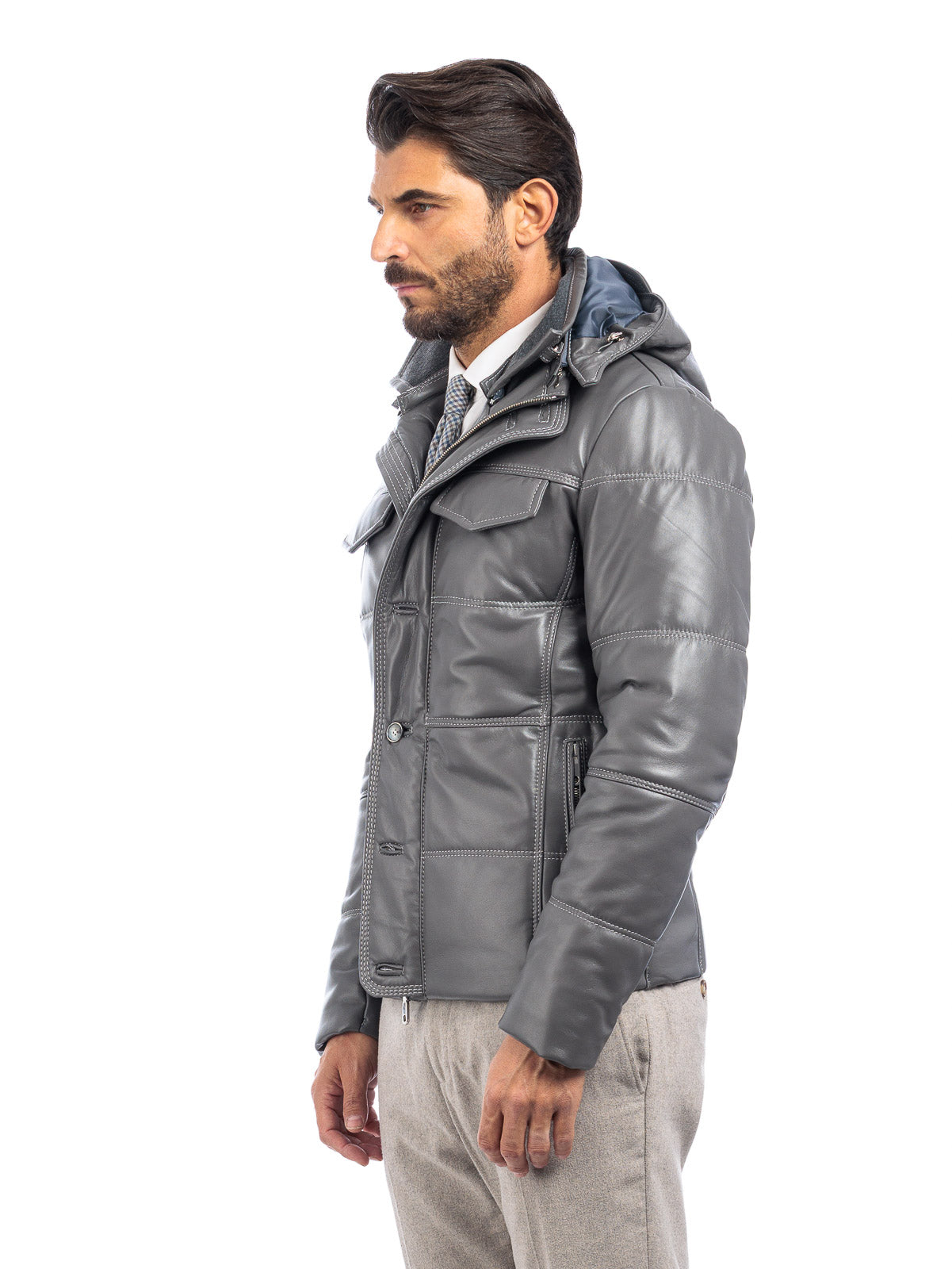 Piumino in vera pelle uomo con zip grigio