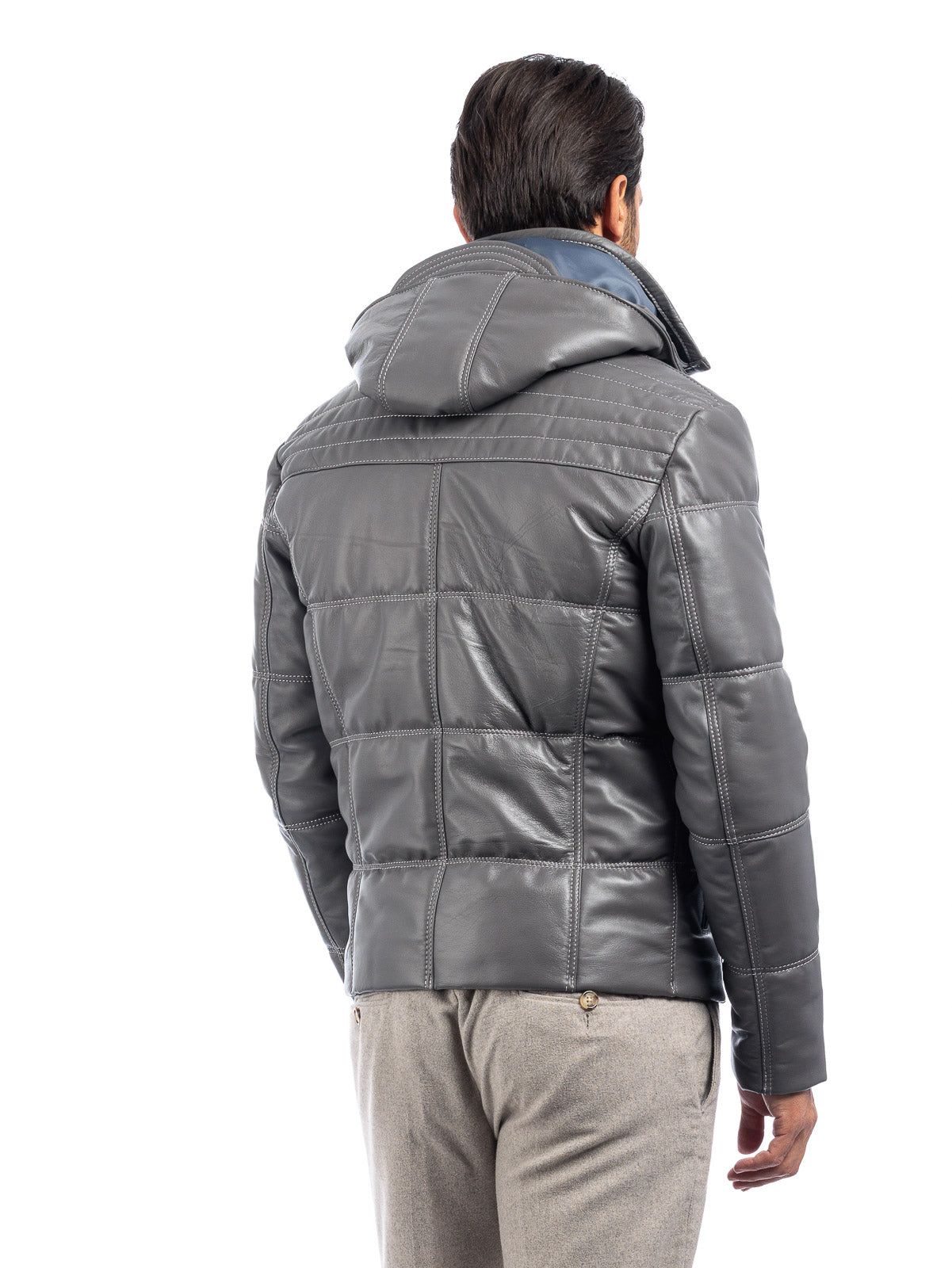 Piumino in vera pelle uomo con zip grigio