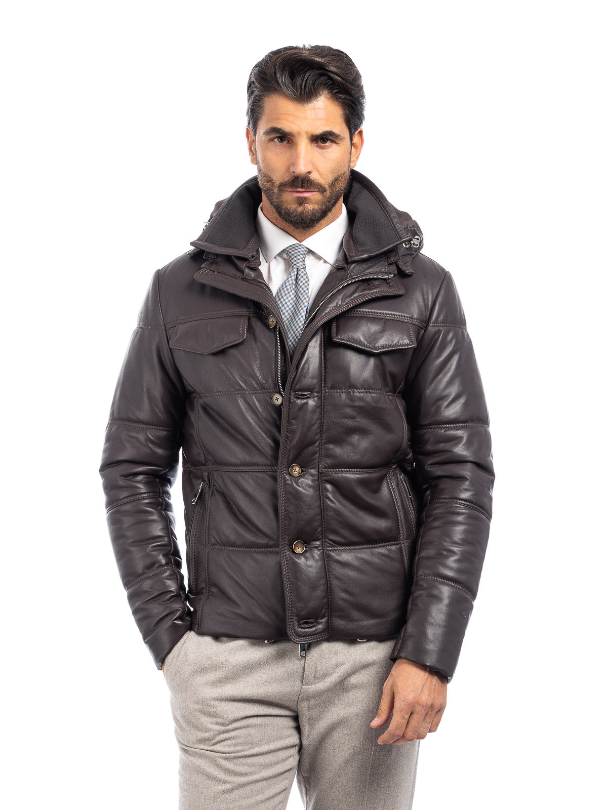Piumino in vera pelle uomo con zip marrone