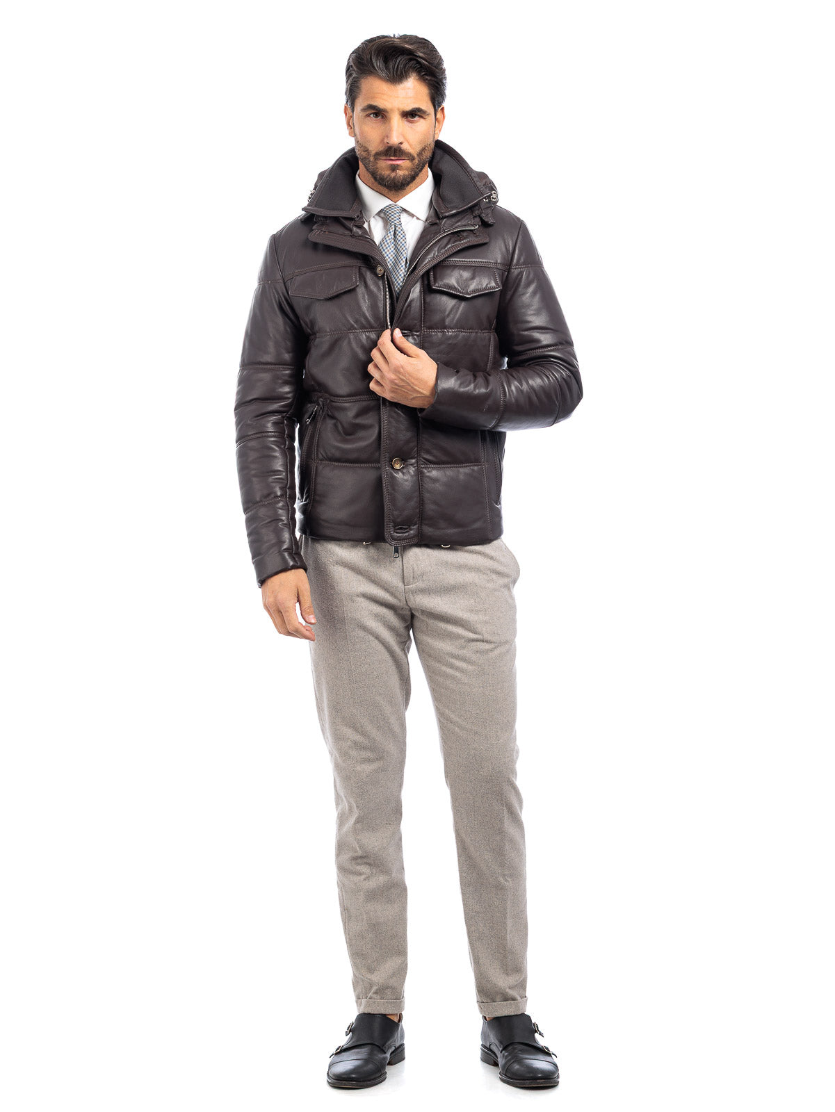 Piumino in vera pelle uomo con zip marrone