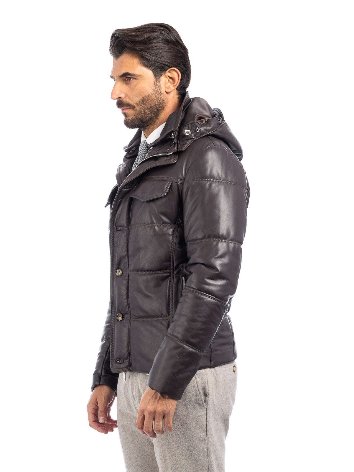 Piumino in vera pelle uomo con zip marrone
