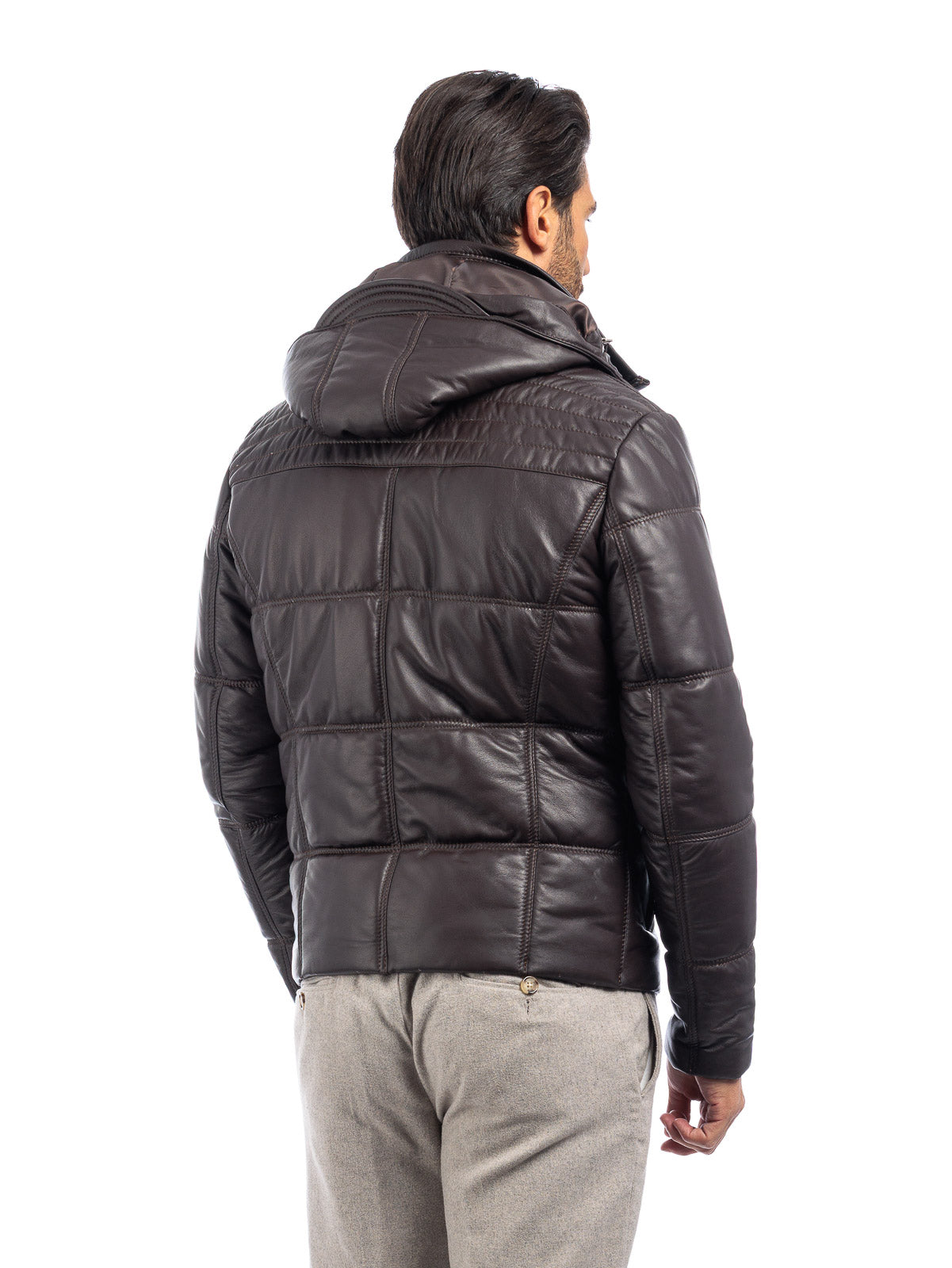 Piumino in vera pelle uomo con zip marrone
