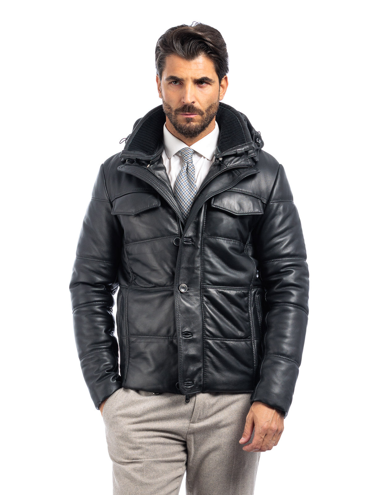 Piumino in vera pelle uomo con zip nero