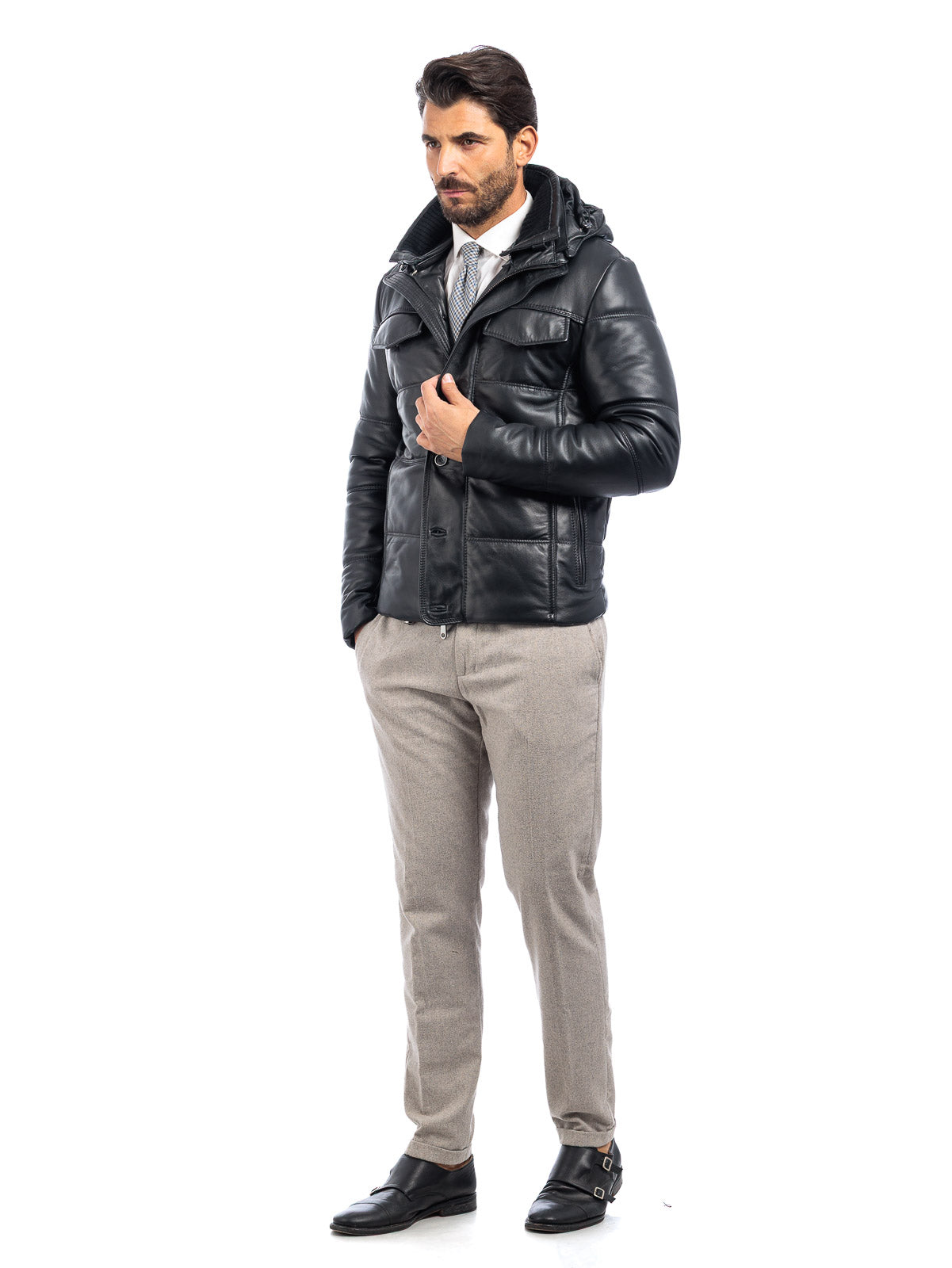 Piumino in vera pelle uomo con zip nero