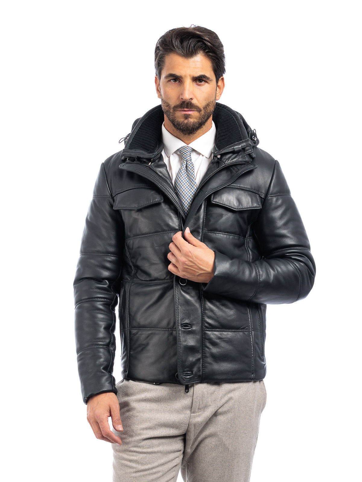 Piumino in vera pelle uomo con zip nero