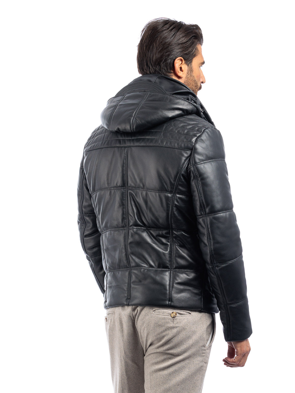 Piumino in vera pelle uomo con zip nero