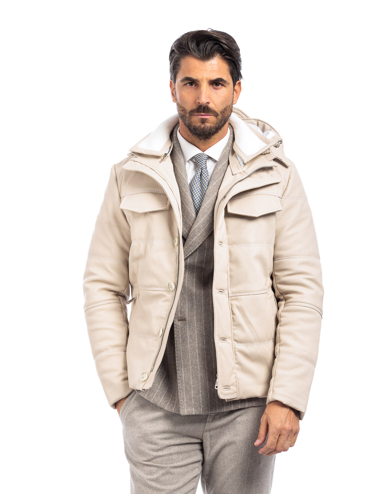 Piumino in vera pelle uomo con zip panna