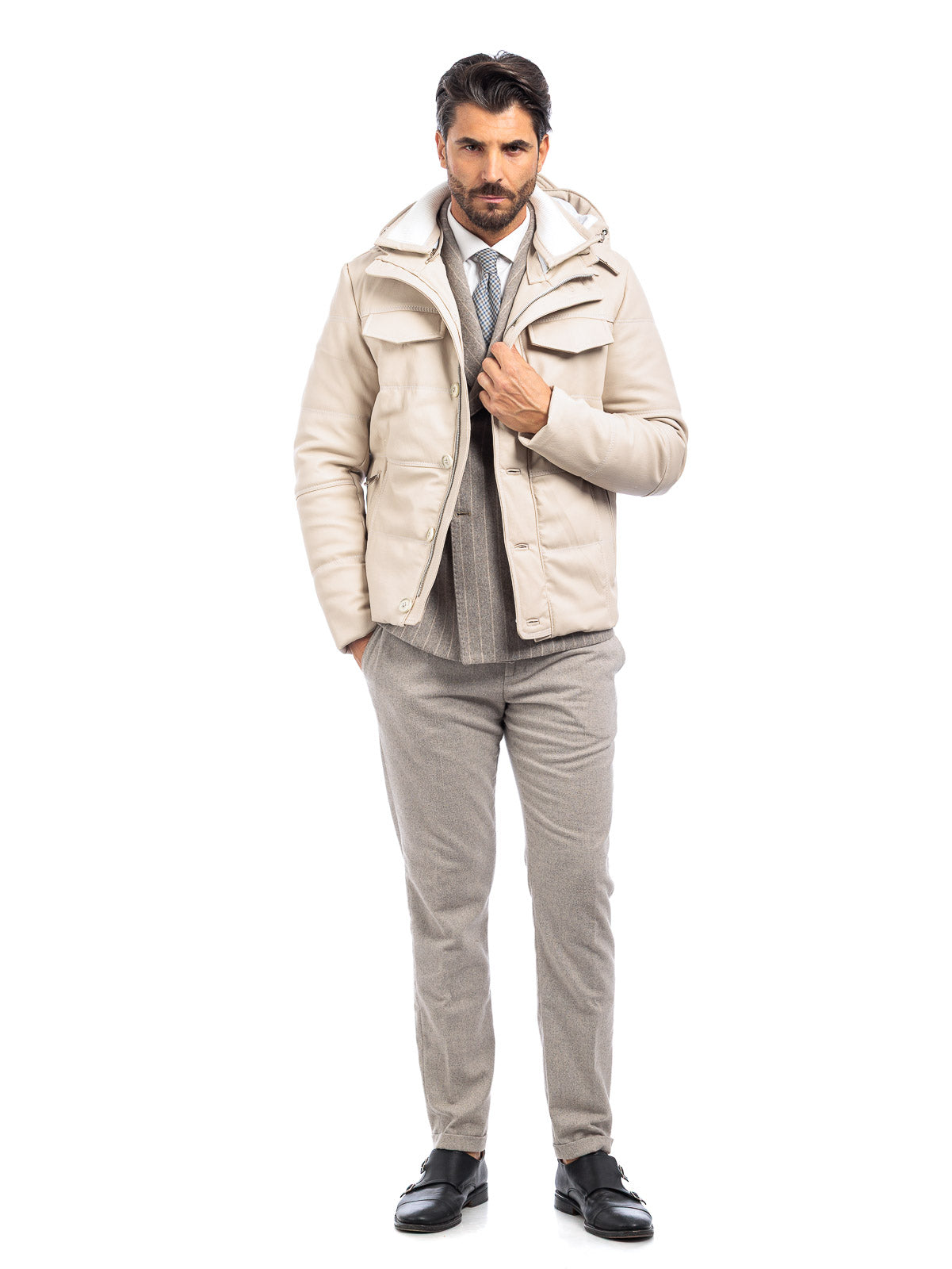 Piumino in vera pelle uomo con zip panna