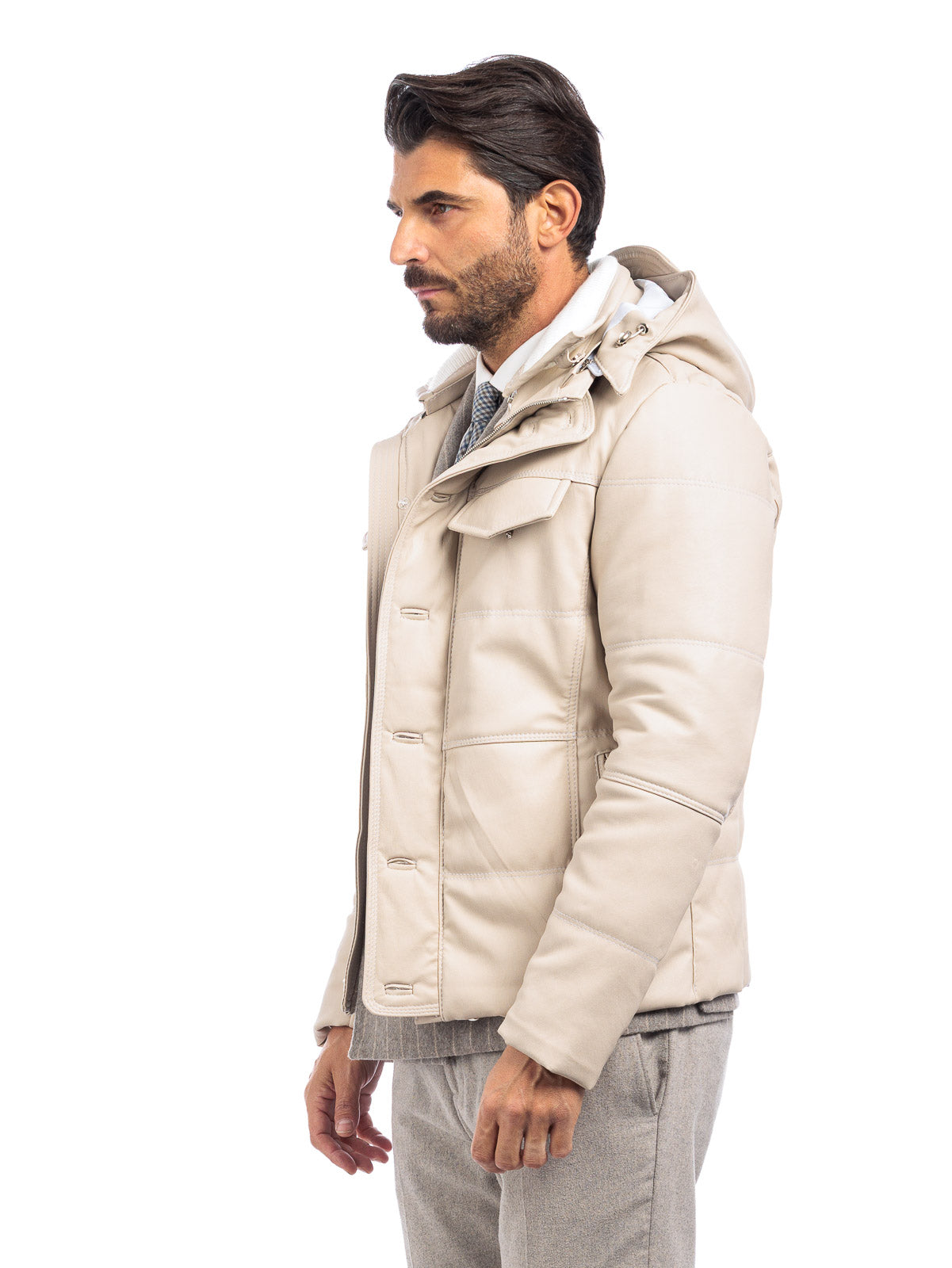 Piumino in vera pelle uomo con zip panna