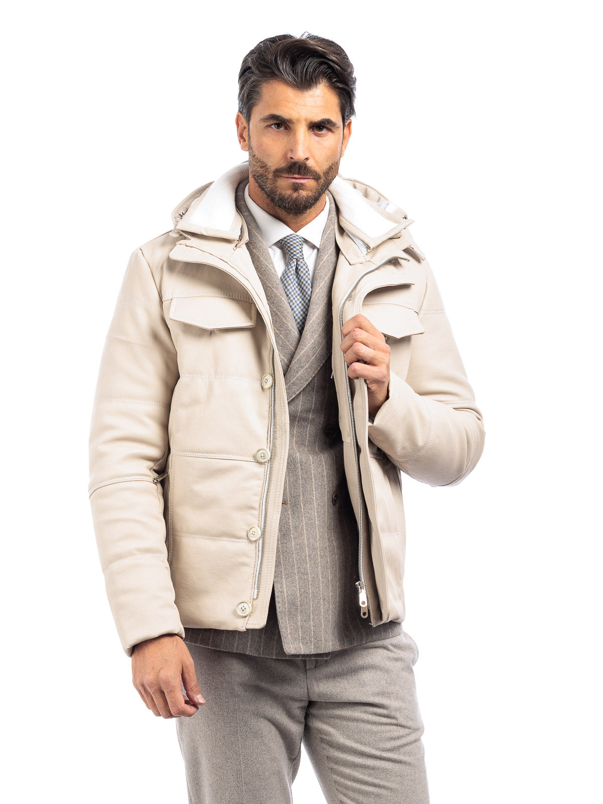 Piumino in vera pelle uomo con zip panna