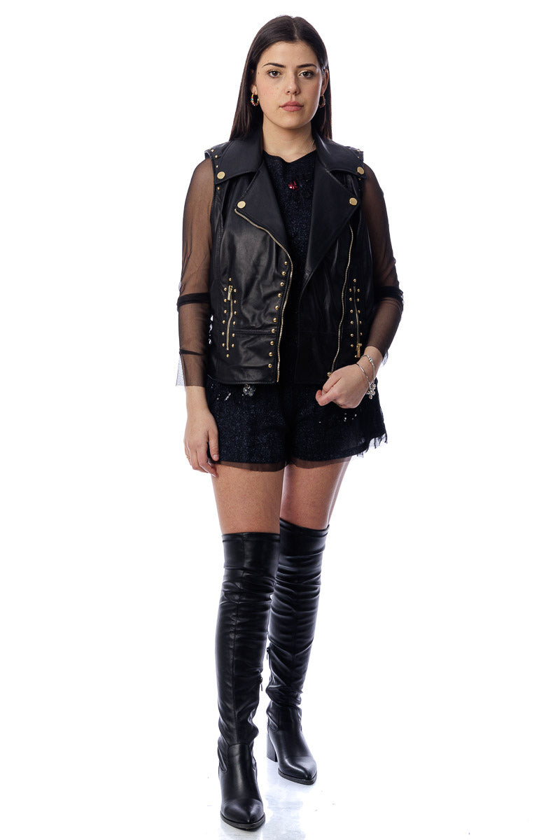 Smanicato in pelle nero accessori oro