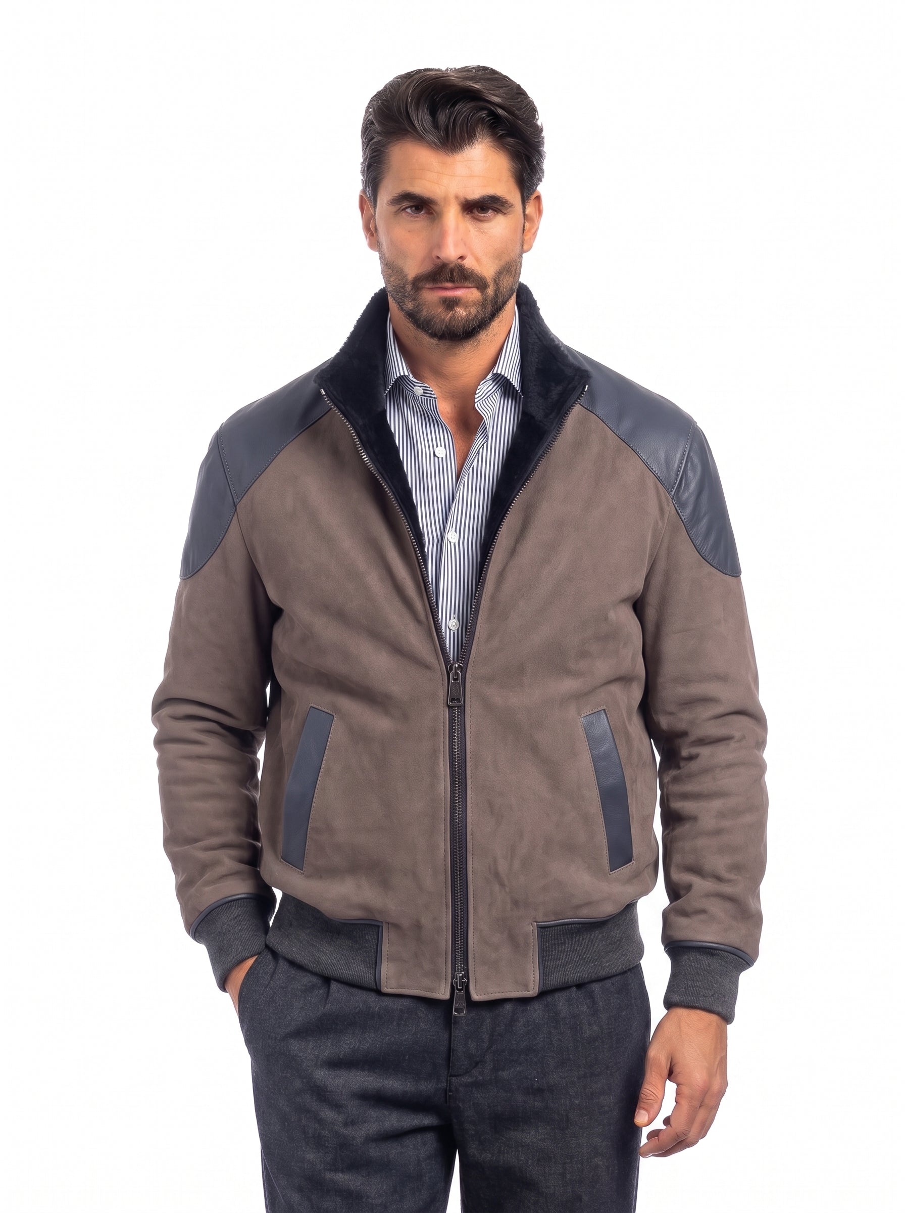 Bomber montone taupe con applicazioni blu uomo