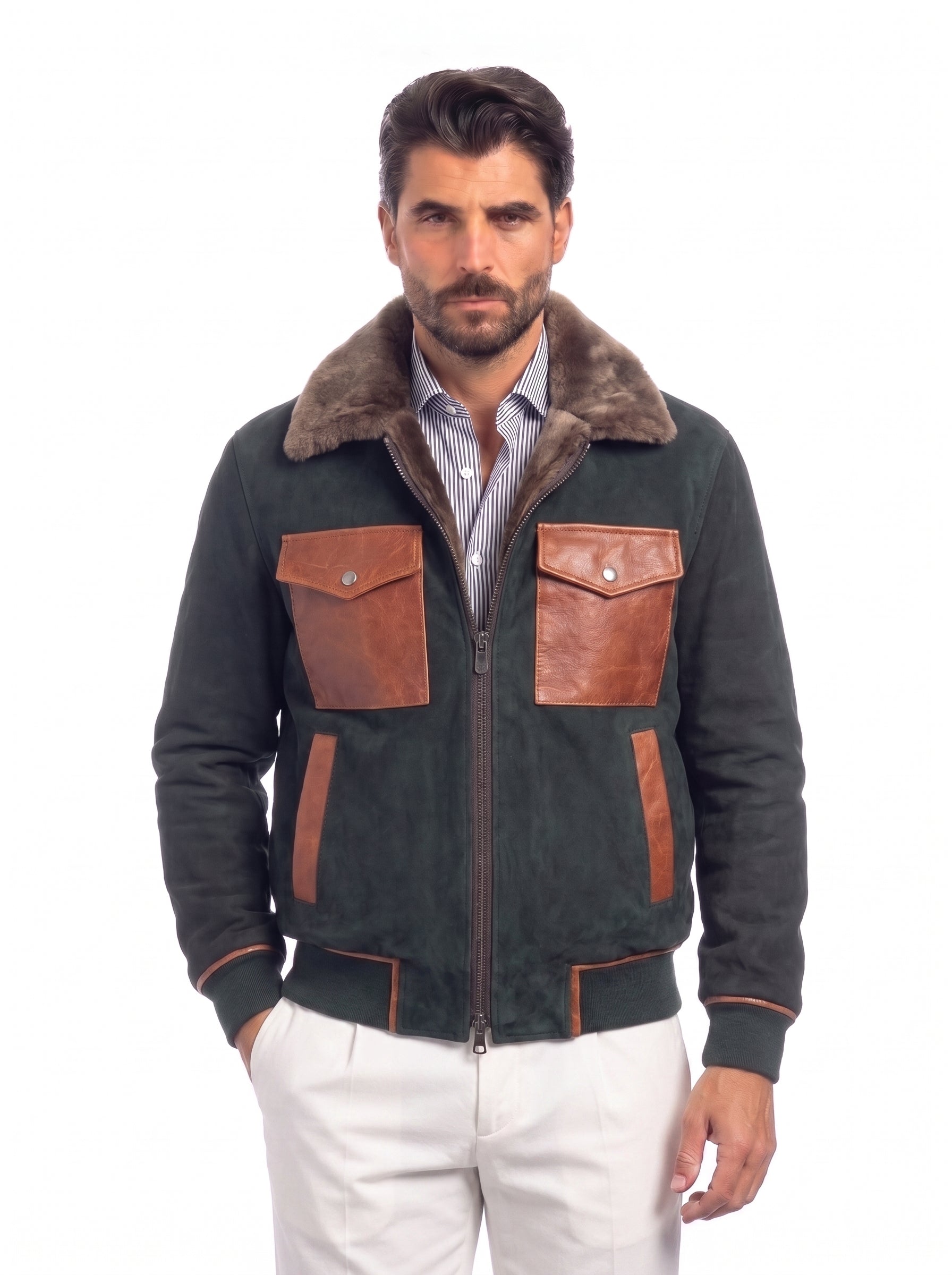 Bomber montone e camoscio di renna verde uomo