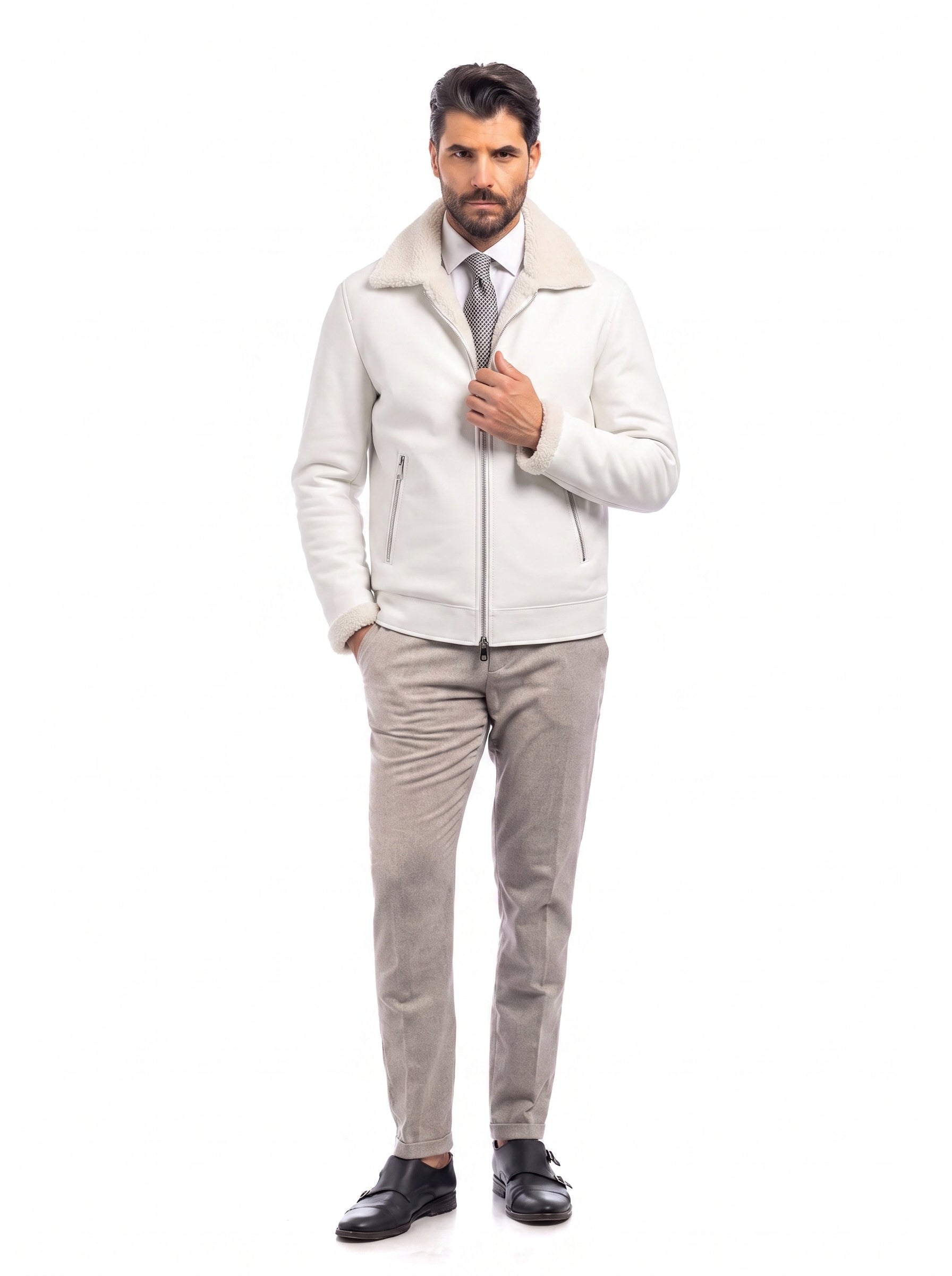 Giacca biker montone uomo panna