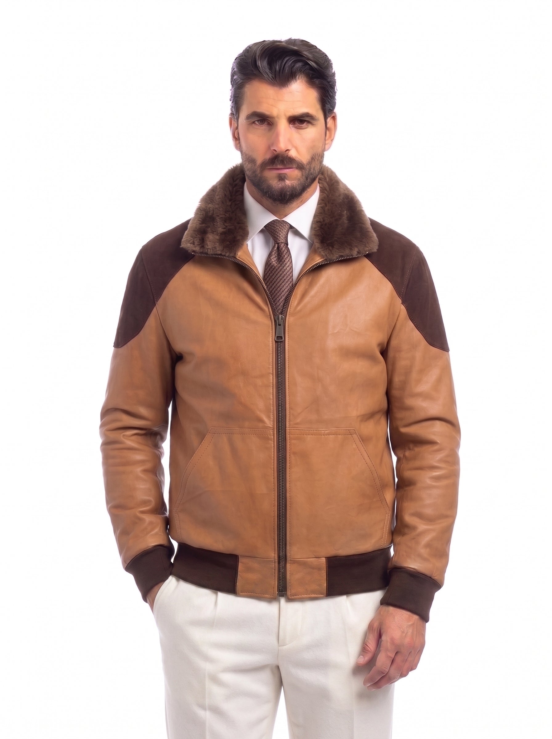Bomber montone sabbia vegetale con applicazioni in renna uomo