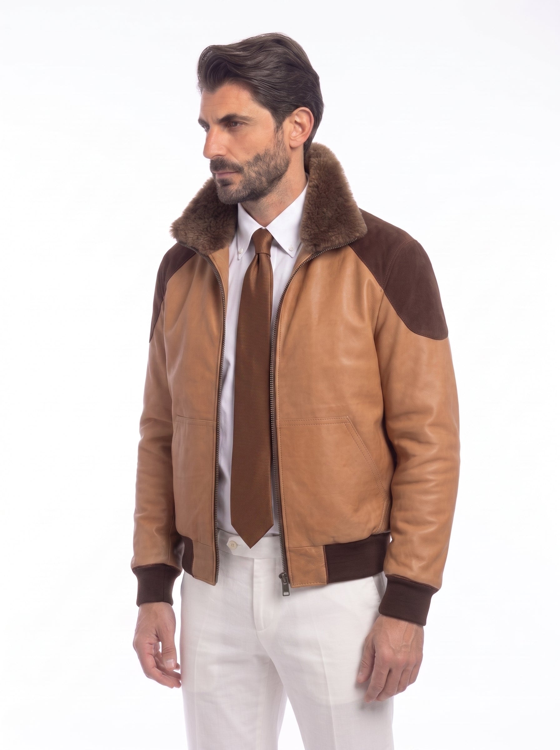 Bomber montone sabbia vegetale con applicazioni in renna uomo