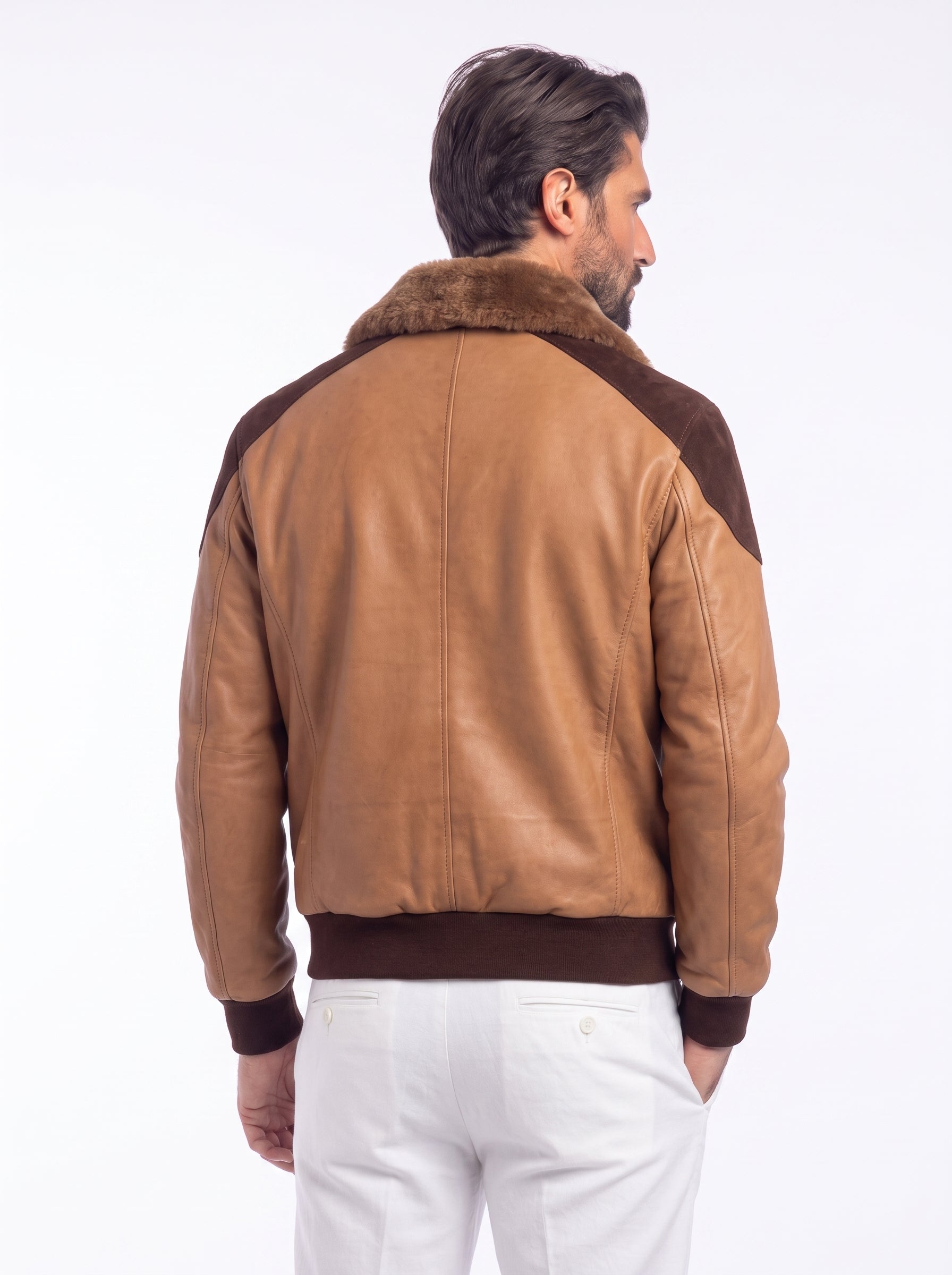 Bomber montone sabbia vegetale con applicazioni in renna uomo