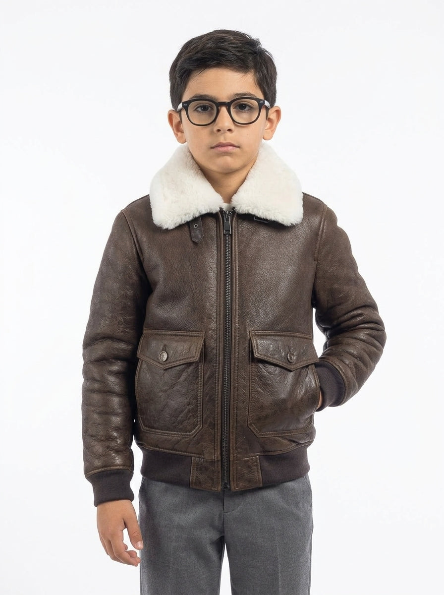 Bomber interamente in montone marrone pelo bianco con zip VAST bambino