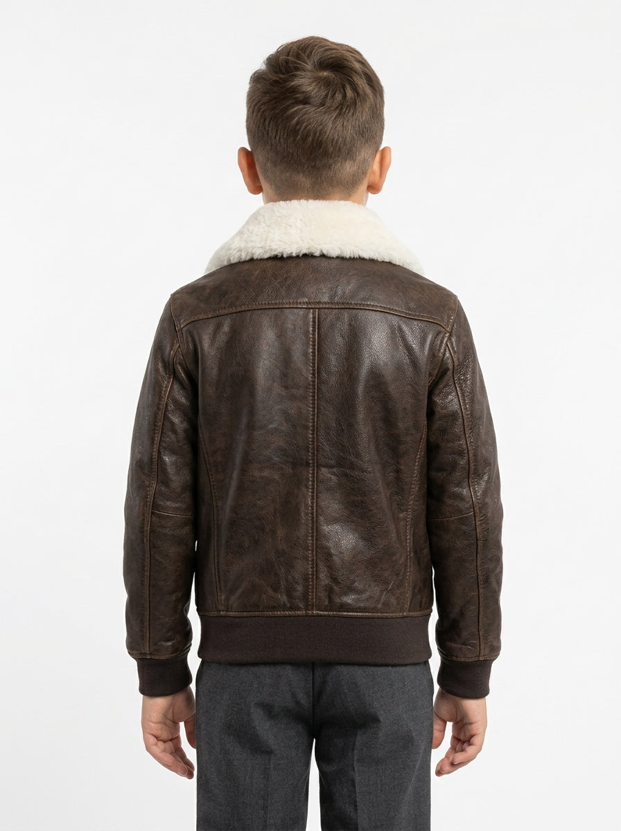 Bomber interamente in montone marrone pelo bianco con zip VAST bambino