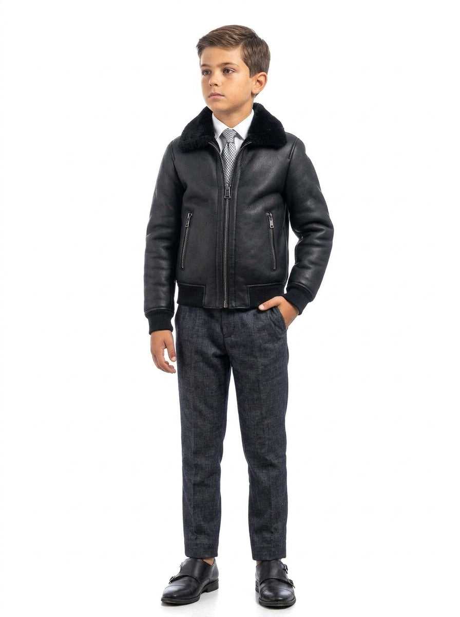 Bomber 22 interamente in montone nero con zip bambino