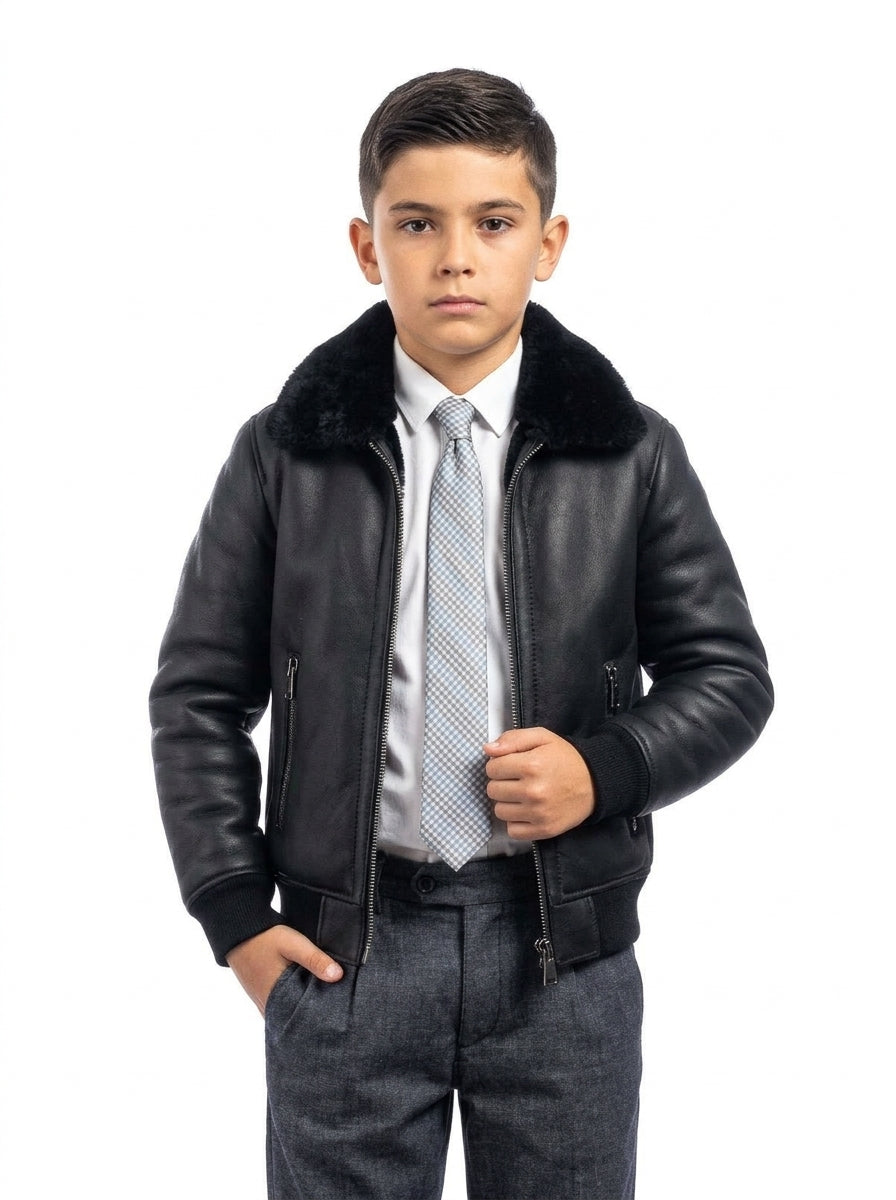 Bomber 22 interamente in montone nero con zip bambino