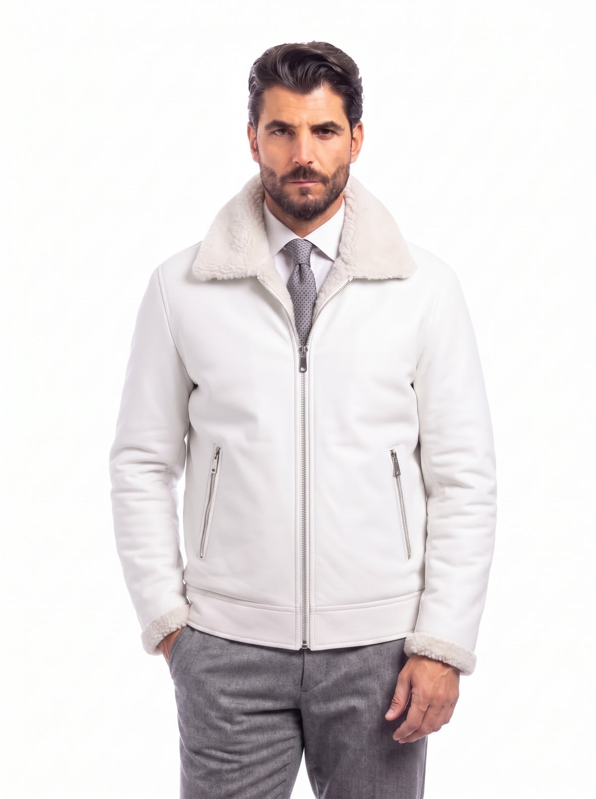 Giacca biker montone uomo panna