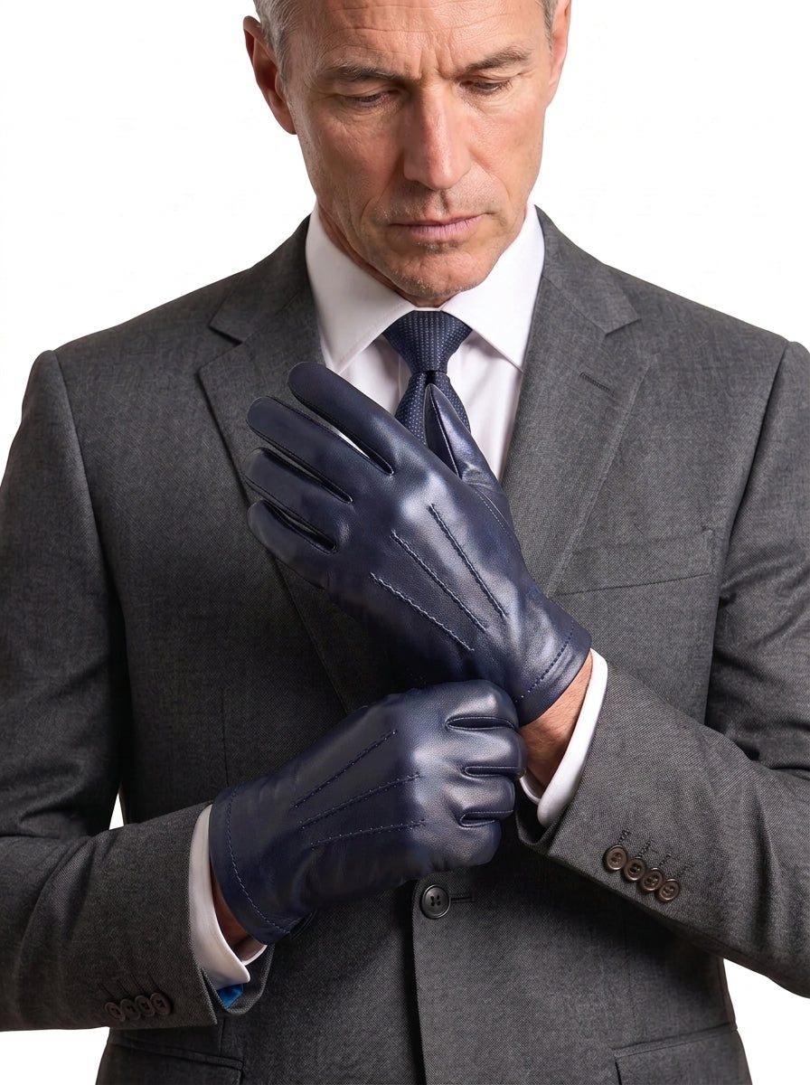 Guanto in vera pelle da uomo 3 stripes blu foderato cashmire