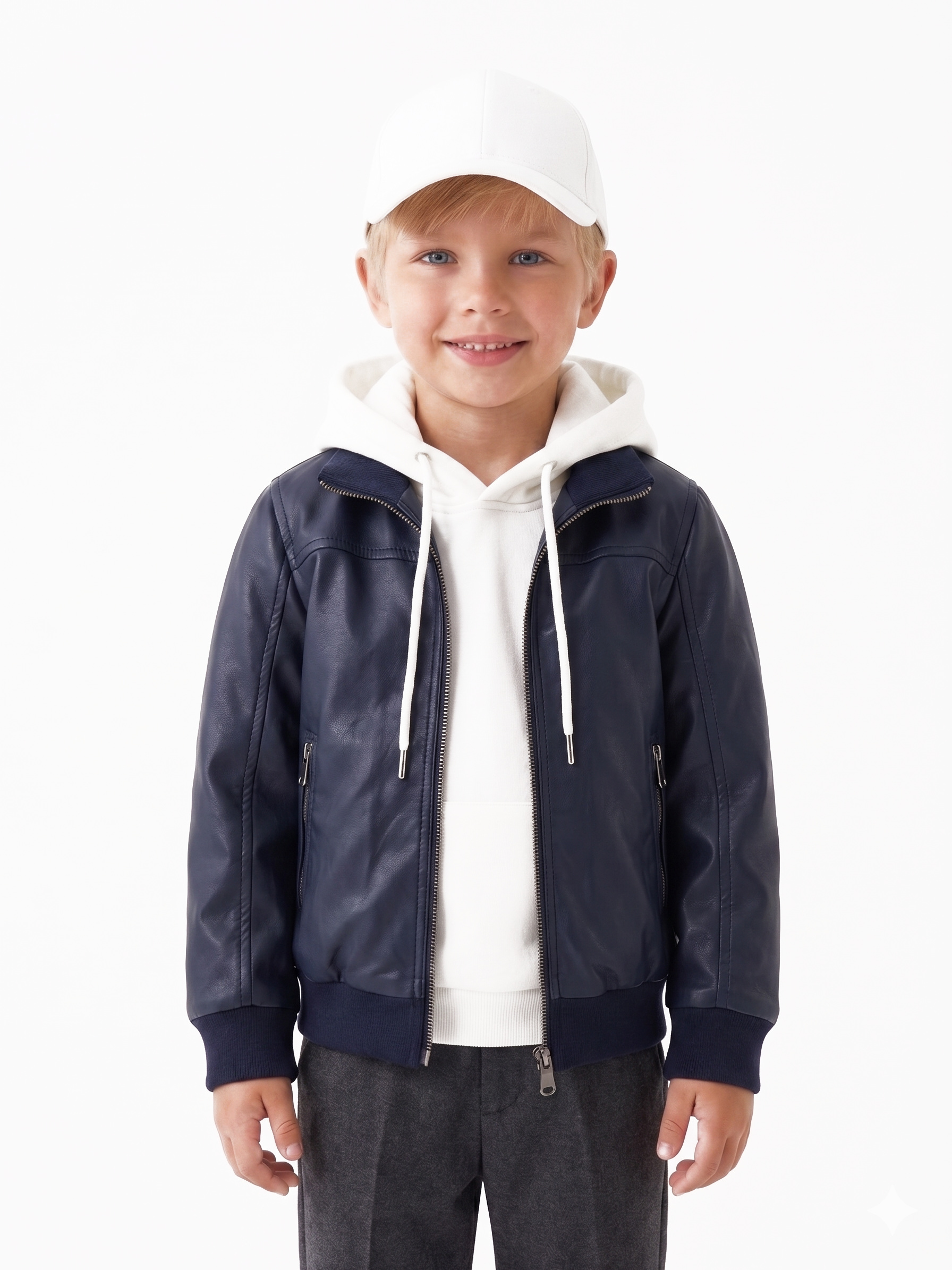 Bomber in pelle con zip POLO blu bambino