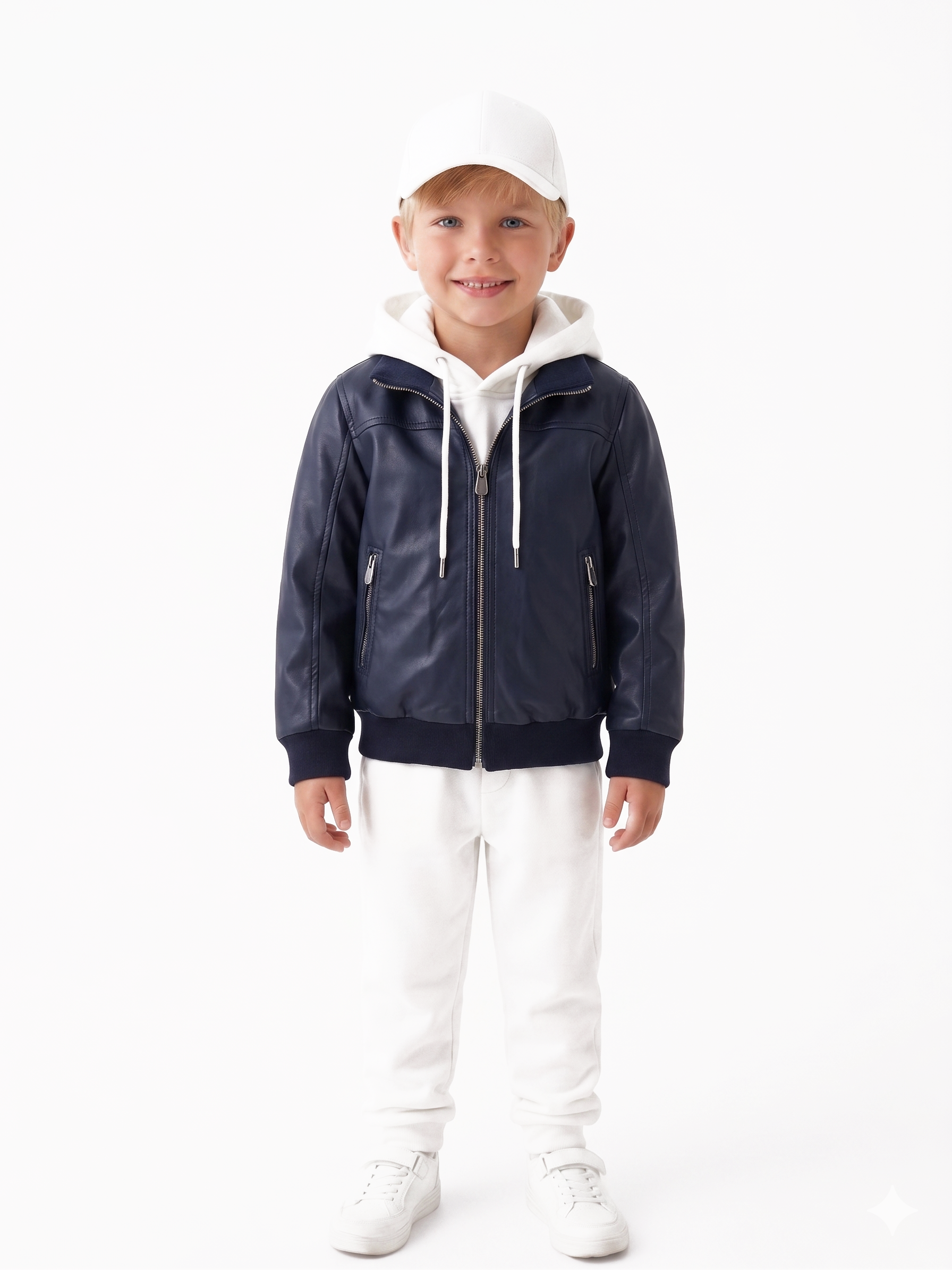 Bomber in pelle con zip POLO blu bambino