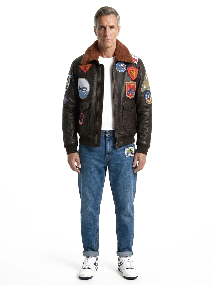 Giacca in vera pelle con zip uomo con toppe e collo in montone TOP GUN