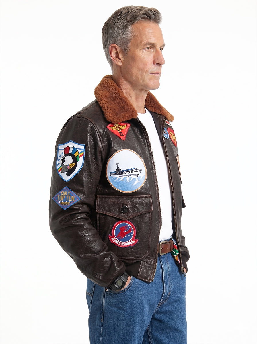 Giacca in vera pelle con zip uomo con toppe e collo in montone TOP GUN