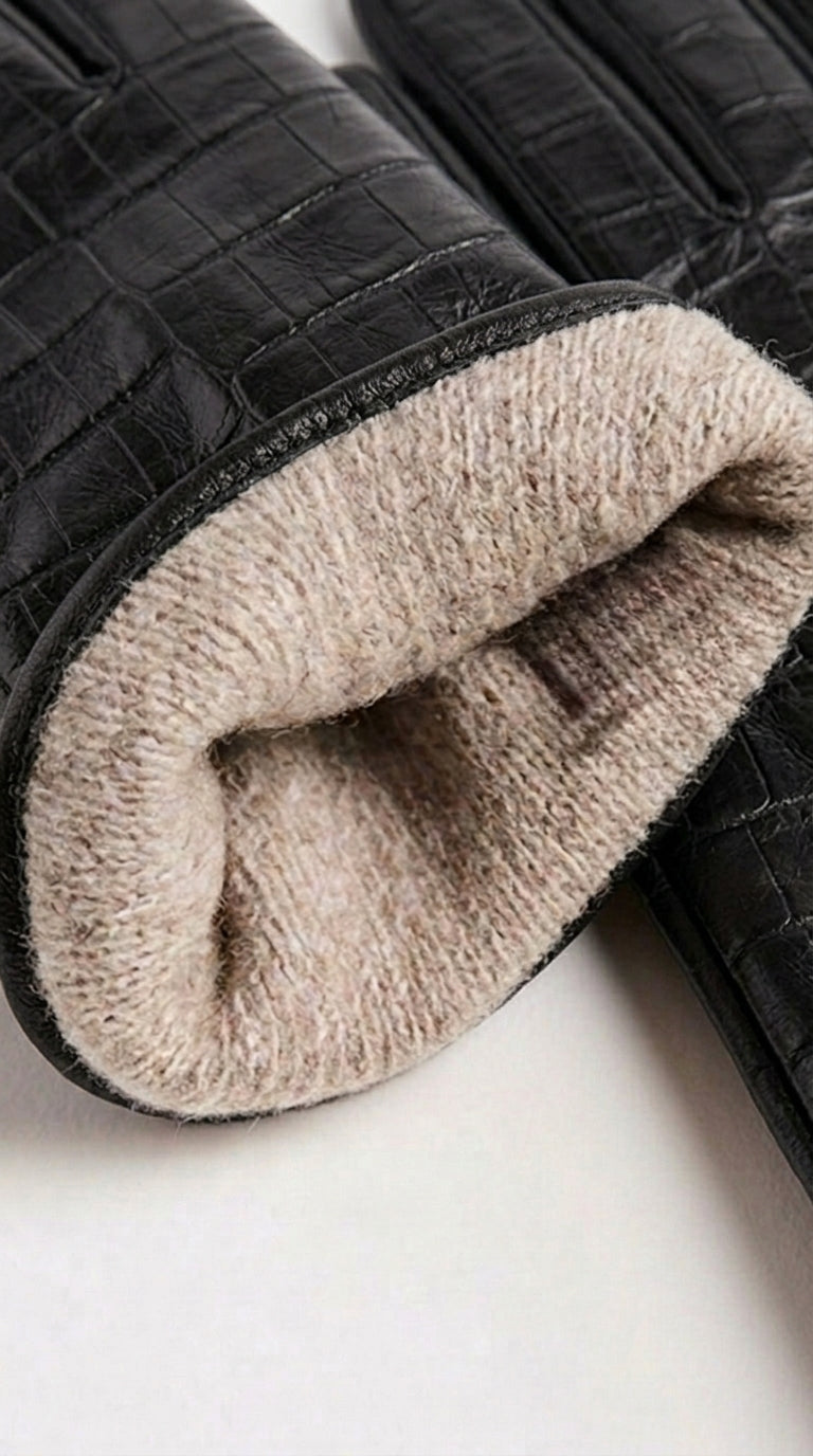 Guanto in vera pelle da uomo nero stampa coccodrillo foderato cashmire