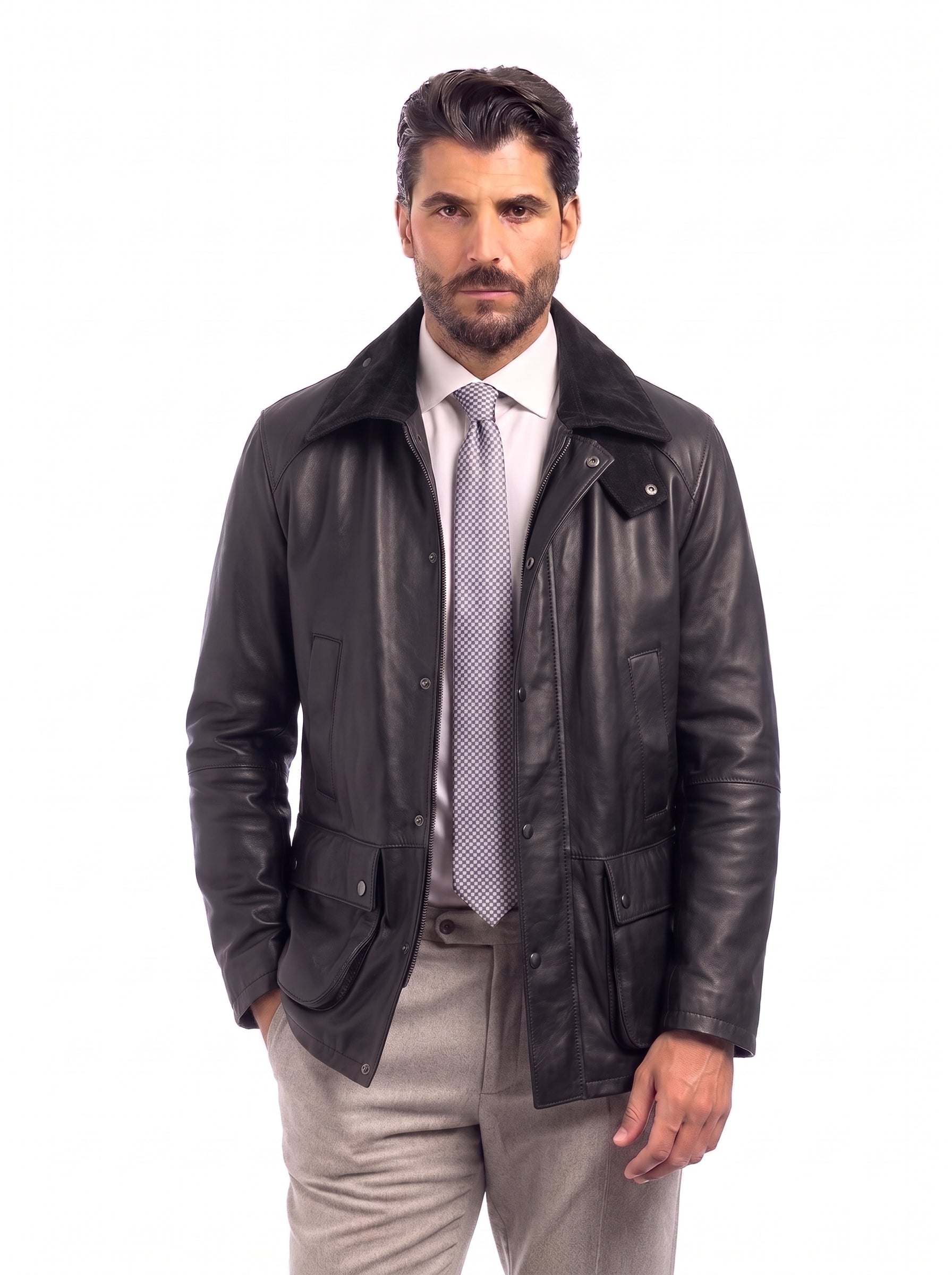 Giaccone in vera pelle nappa agnello uomo nero BARB