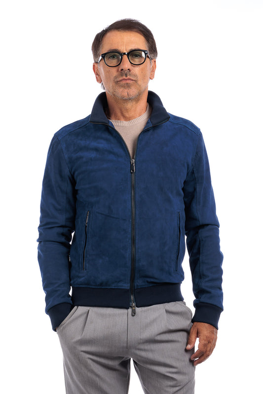 Bomber in camoscio di renna uomo con zip NUV blu