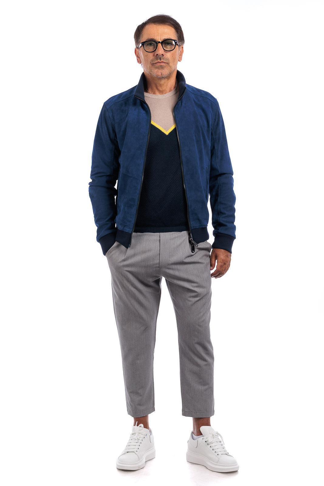 Bomber in camoscio di renna uomo con zip NUV blu