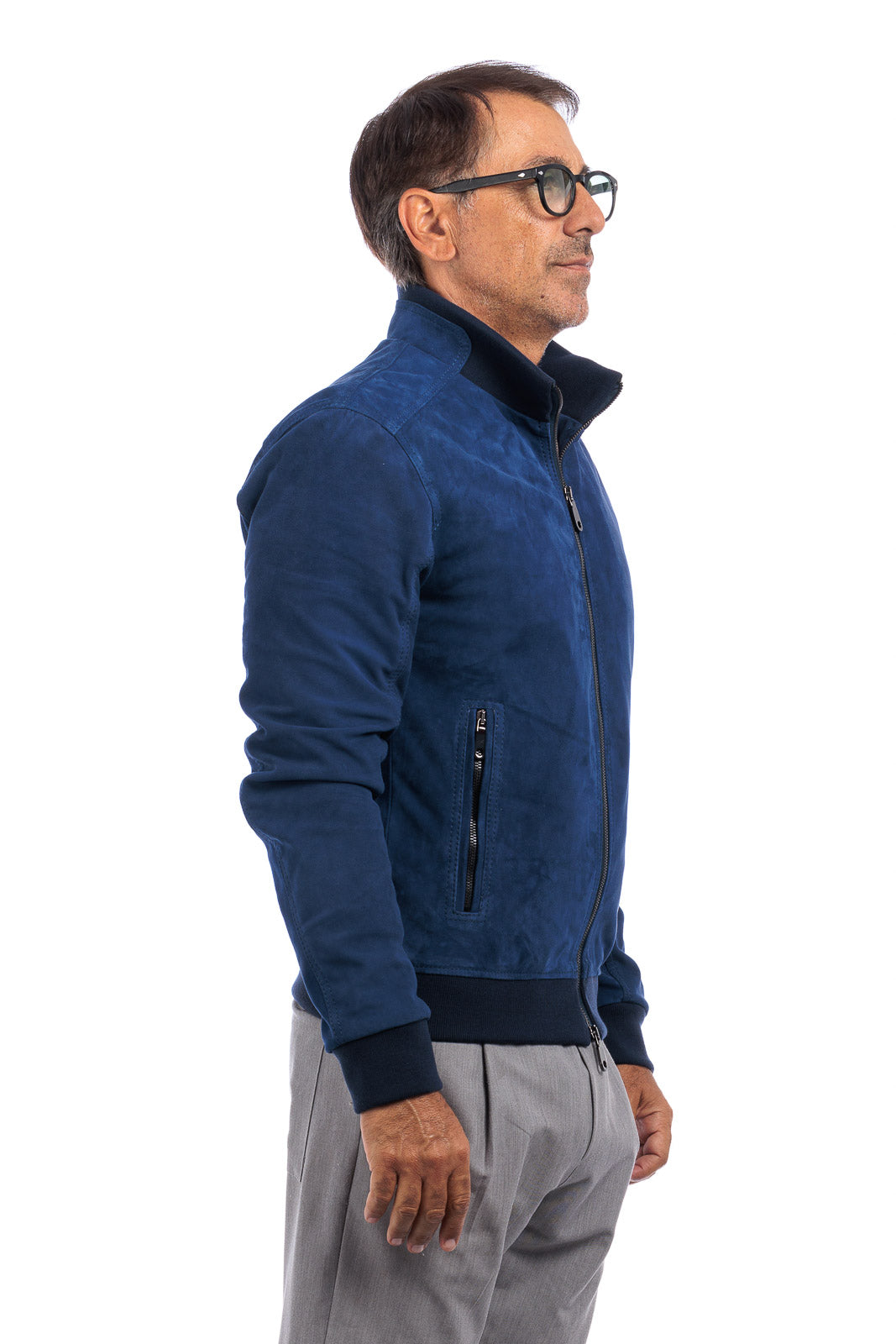 Bomber in camoscio di renna uomo con zip NUV blu