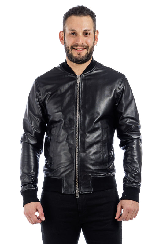 Bomber in pelle con zip GP nero