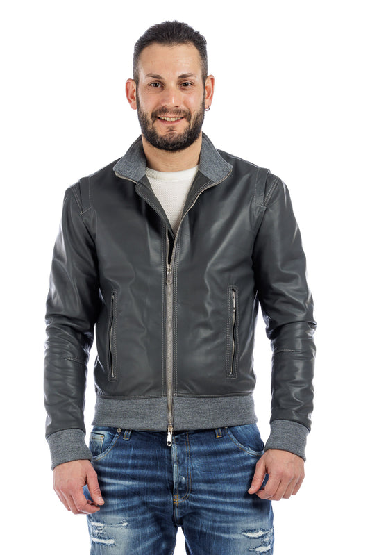 Bomber in pelle con zip grigio STE 2