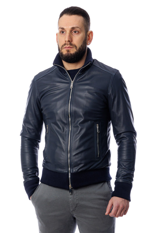 Bomber in pelle con zip POLO blu